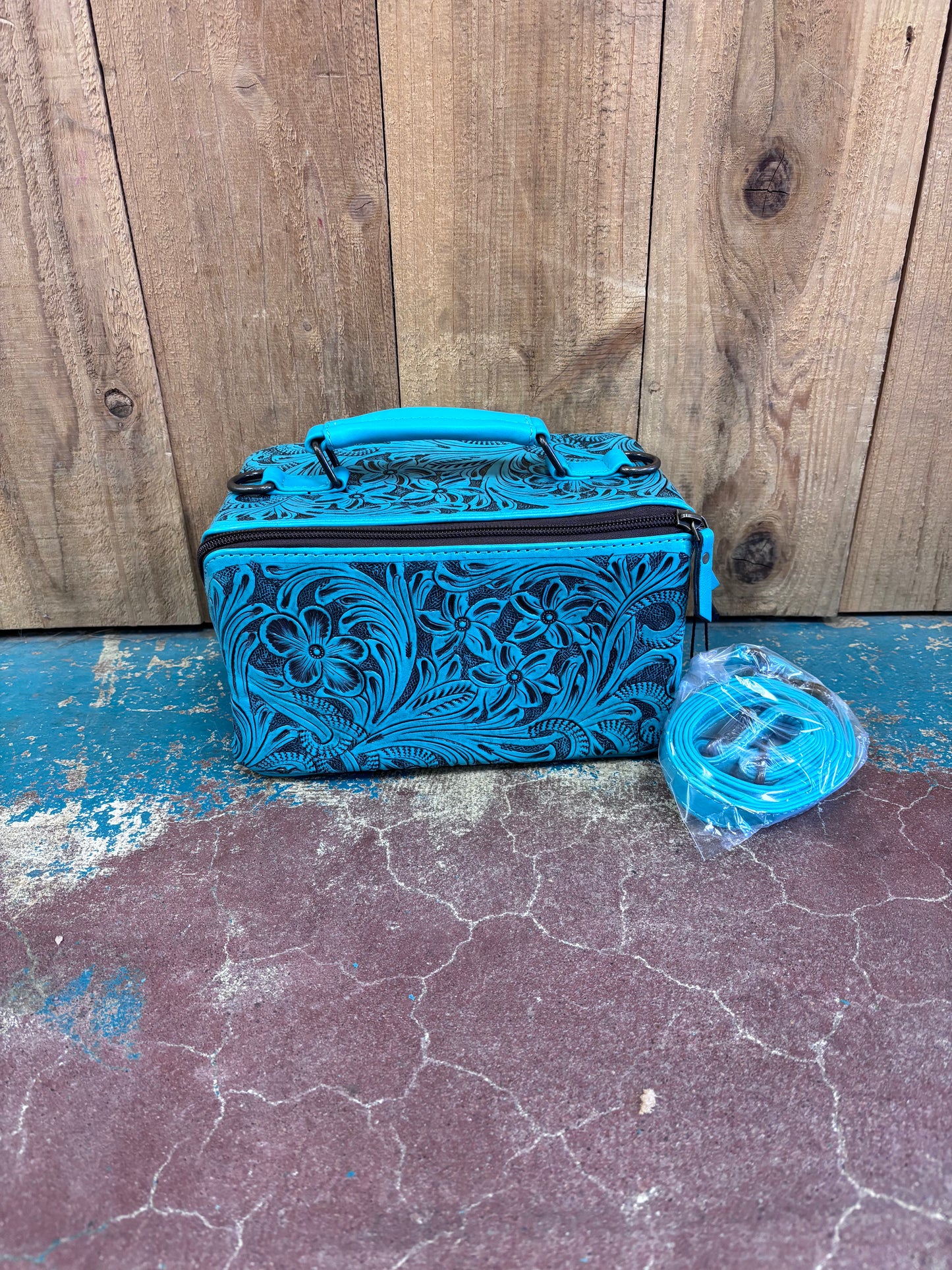 Rectangular Turquoise Leather Tooled Make Up Bag/Travel Case