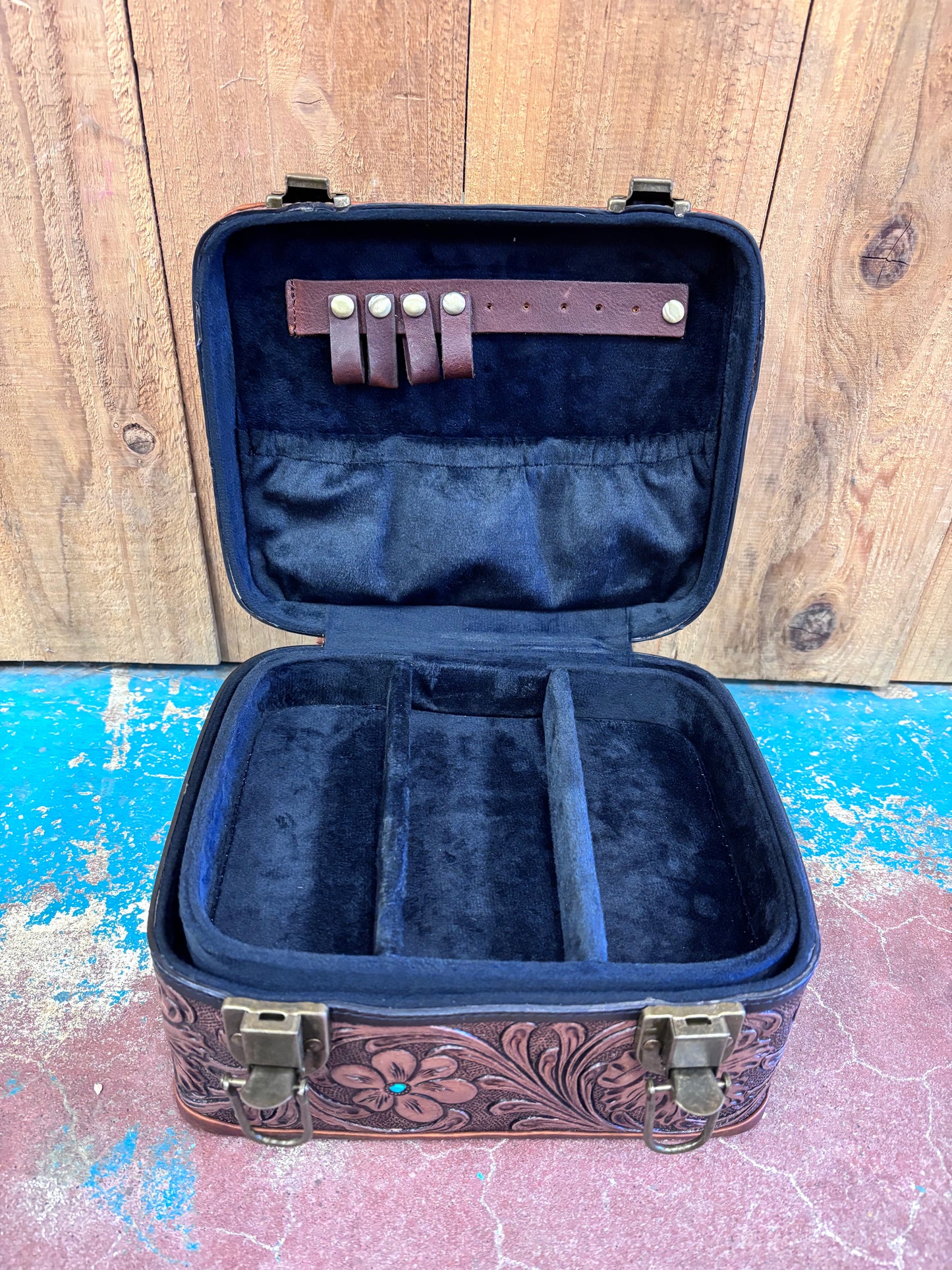 Dark Leather Tooled Jewelry Box