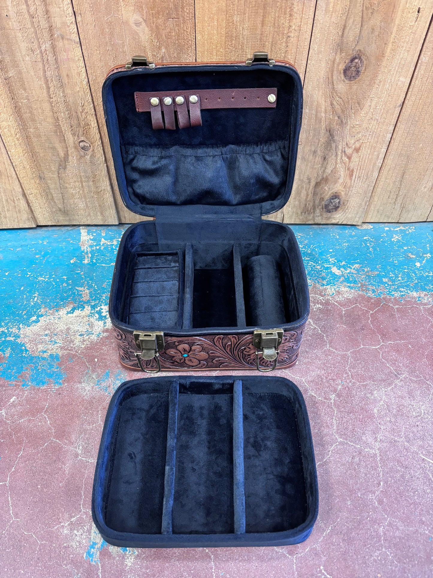 Dark Leather Tooled Jewelry Box