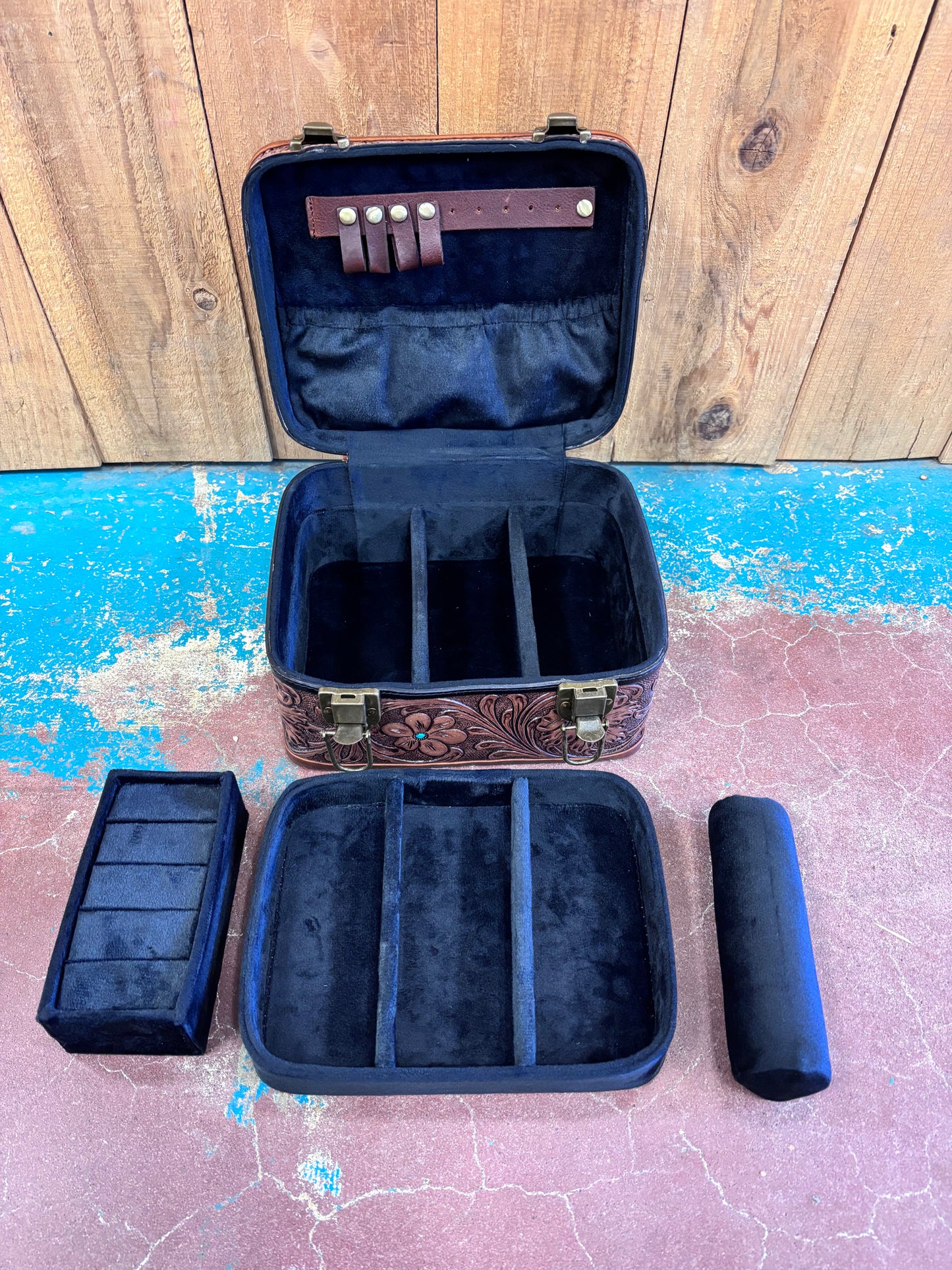 Dark Leather Tooled Jewelry Box