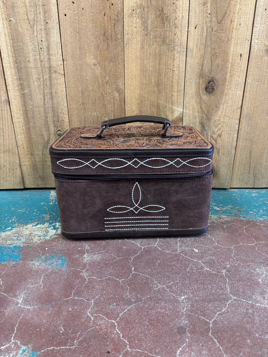 Brown Suede Boot Stitch with Tooled Leather Top Jewelry Box