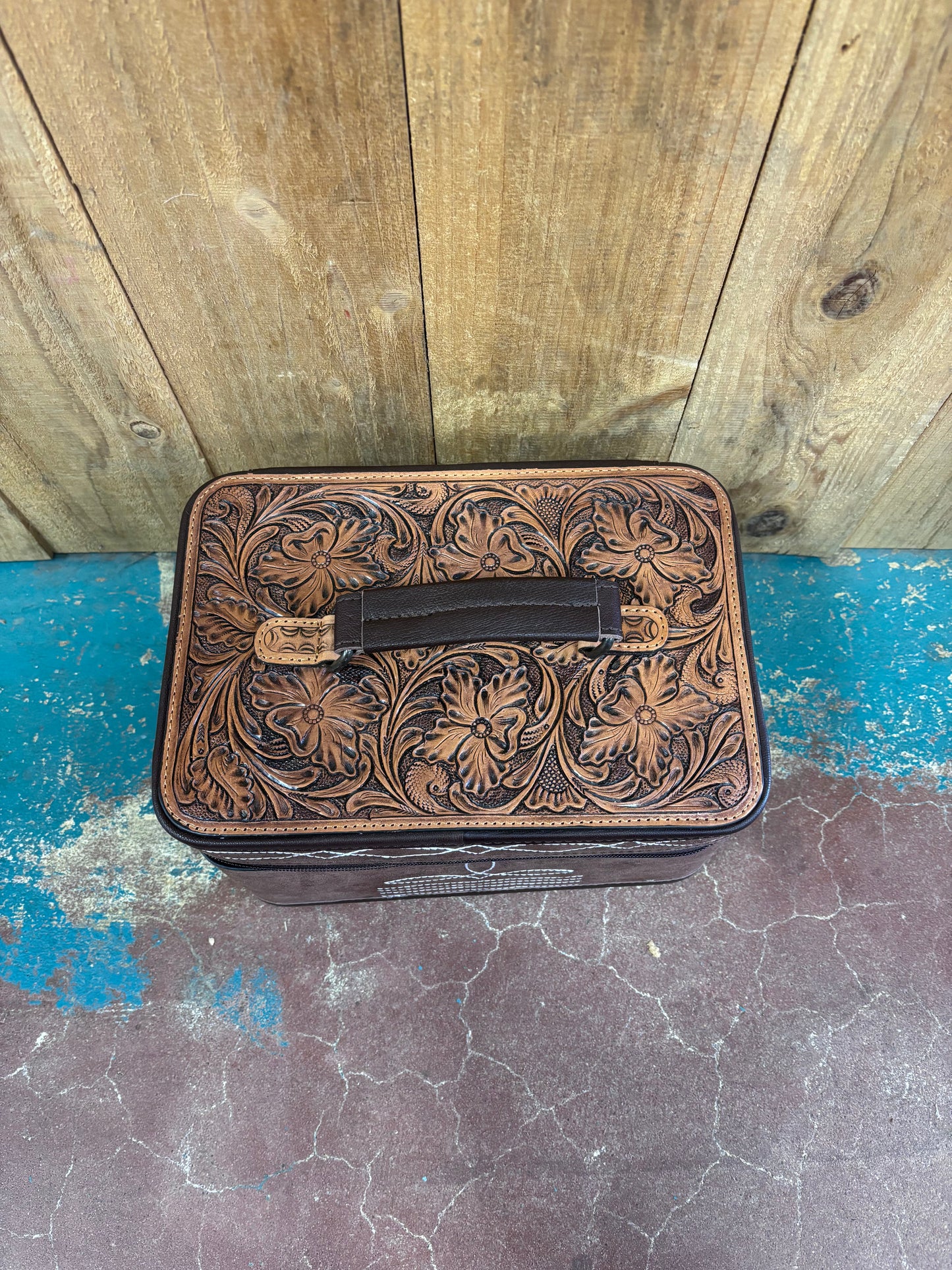 Brown Suede Boot Stitch with Tooled Leather Top Jewelry Box