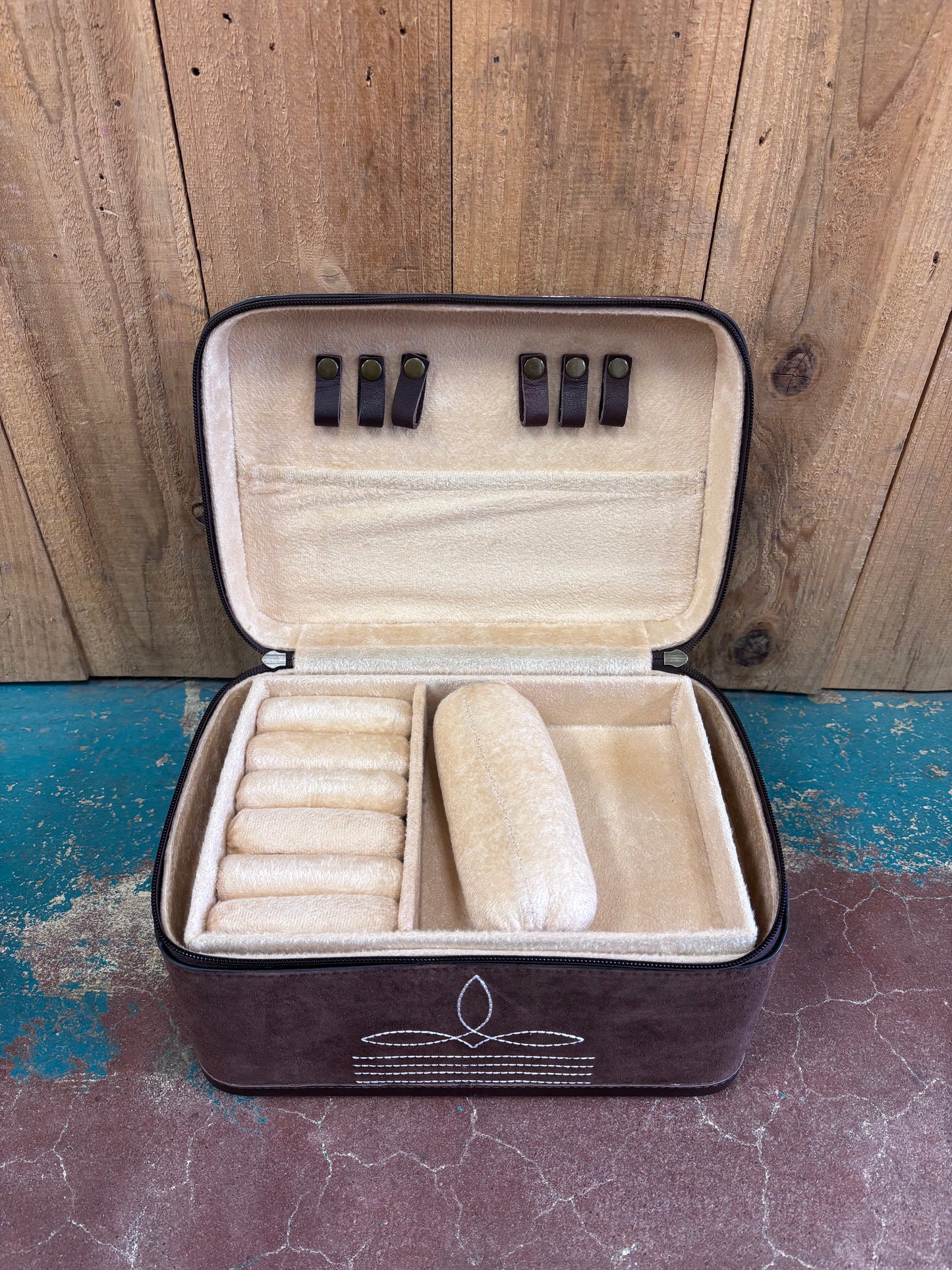 Brown Suede Boot Stitch with Tooled Leather Top Jewelry Box