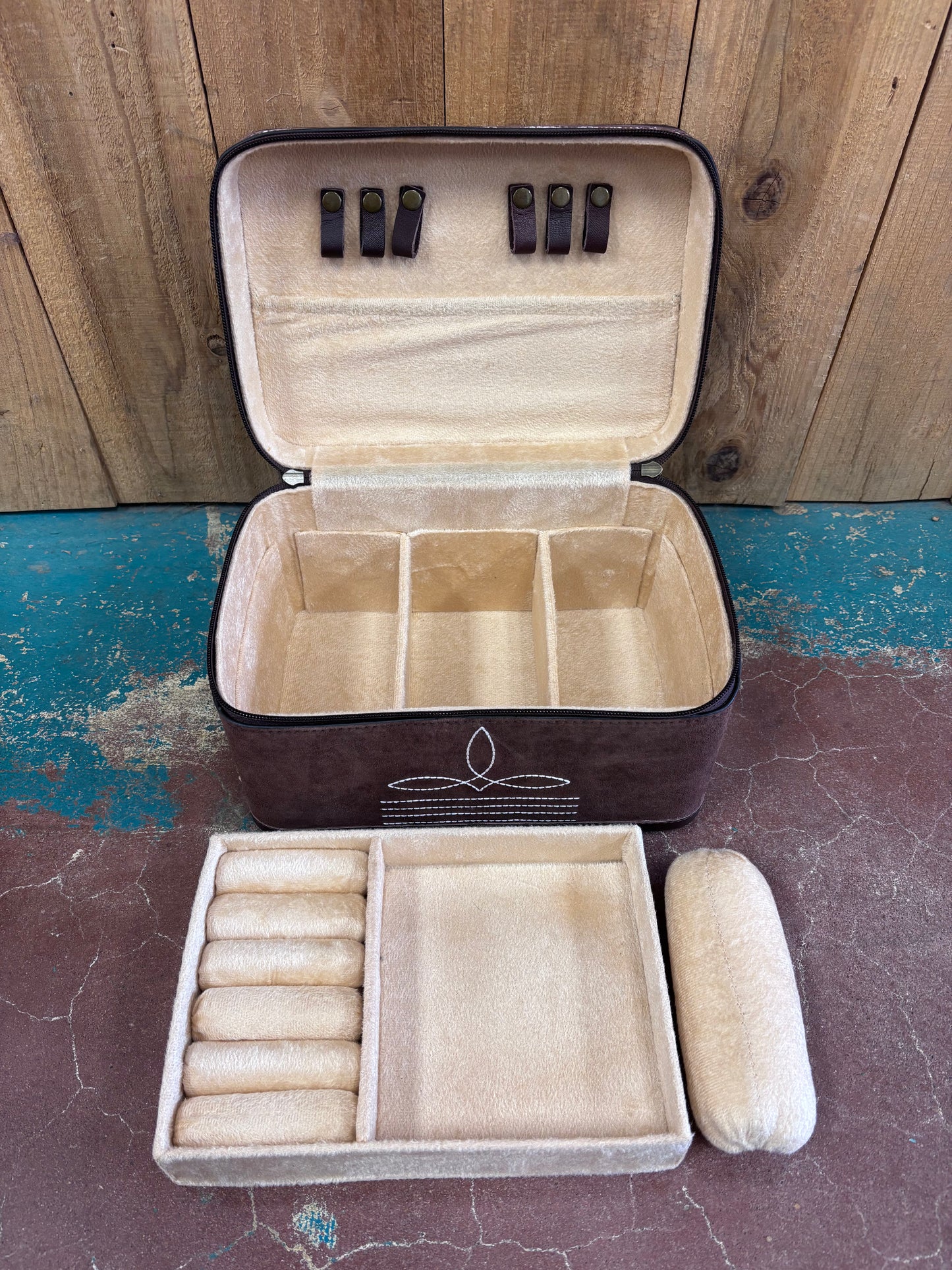 Brown Suede Boot Stitch with Tooled Leather Top Jewelry Box