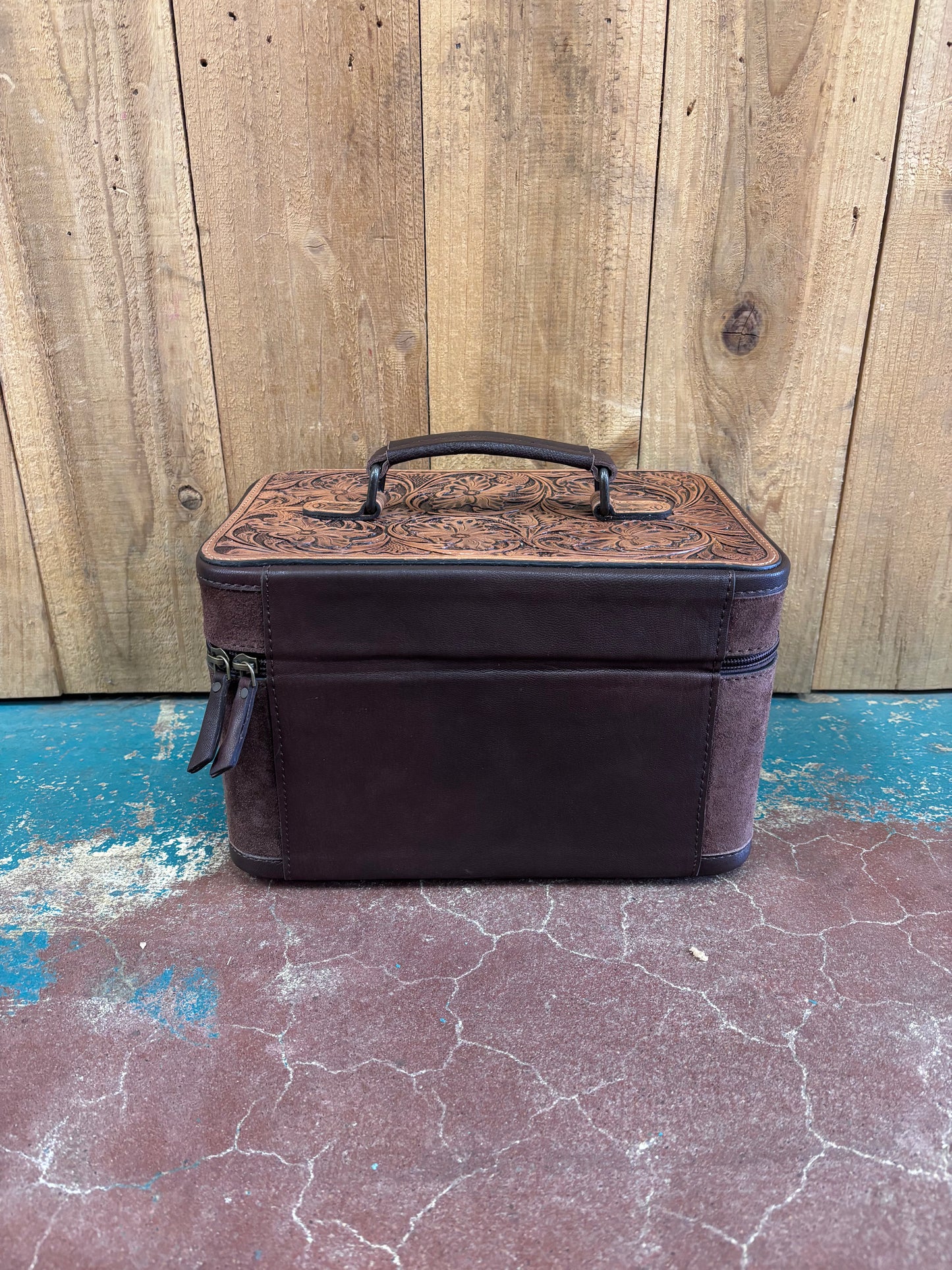 Brown Suede Boot Stitch with Tooled Leather Top Jewelry Box
