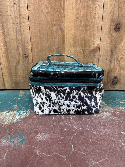 Turquoise Tooled Black And White Cowhide Leather Make Up Bag