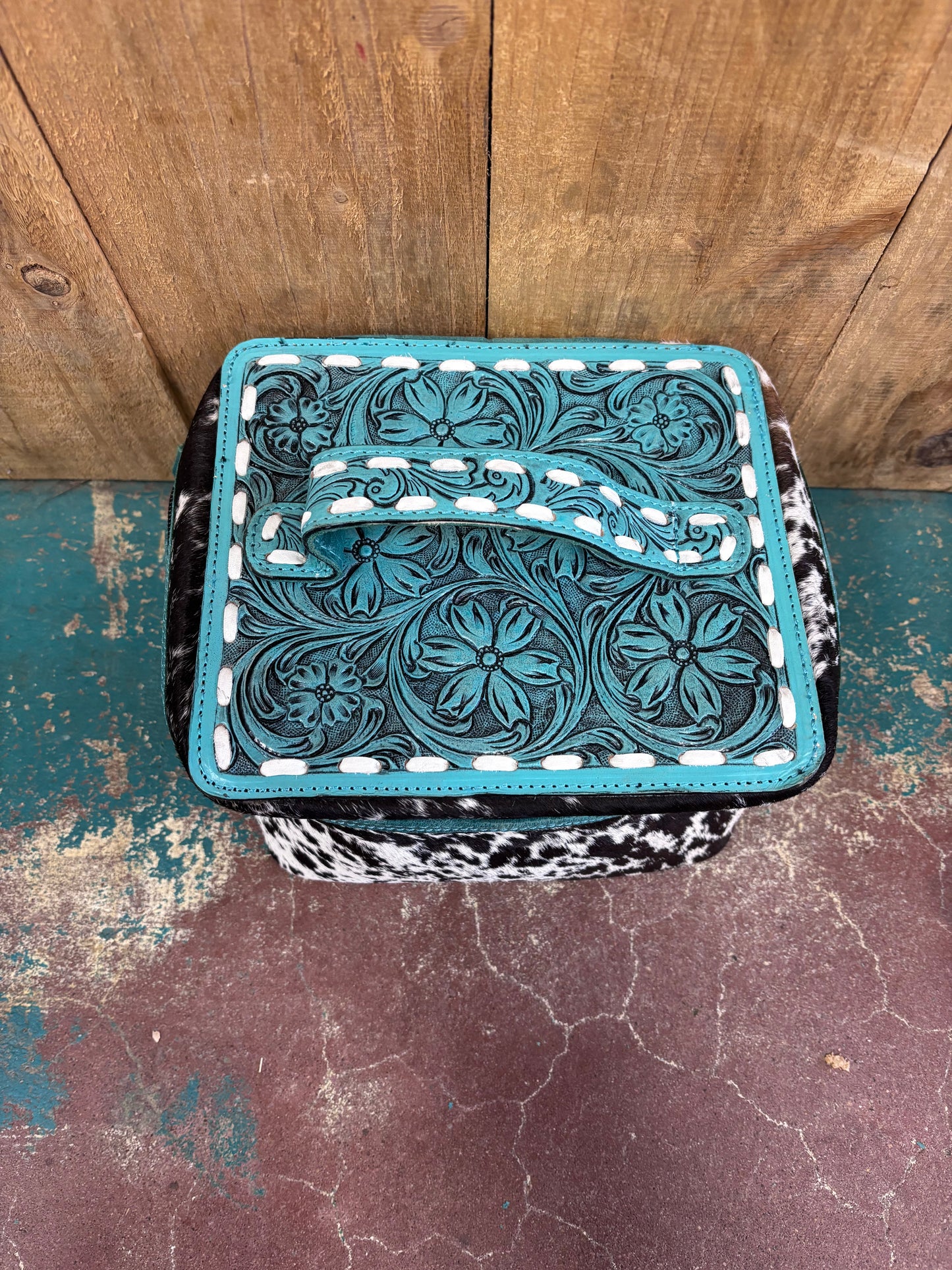Turquoise Tooled Black And White Cowhide Leather Make Up Bag