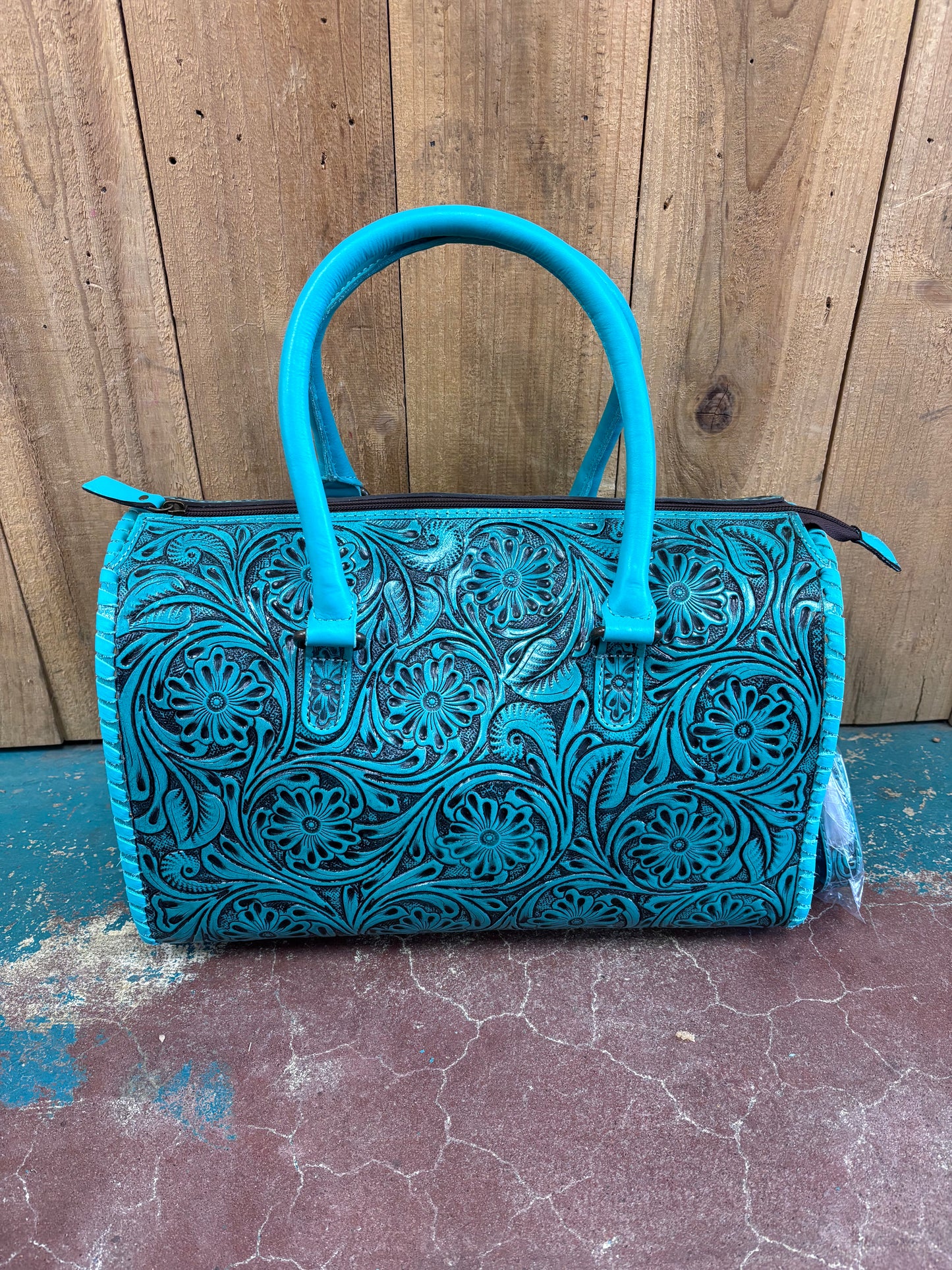 Large Turquoise Flower Tooled Speedy Bag Leather Purse
