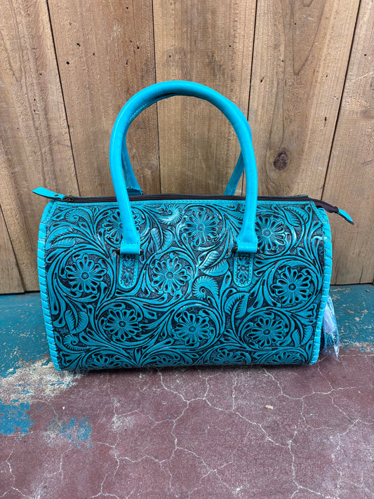 Large Turquoise Flower Tooled Speedy Bag Leather Purse