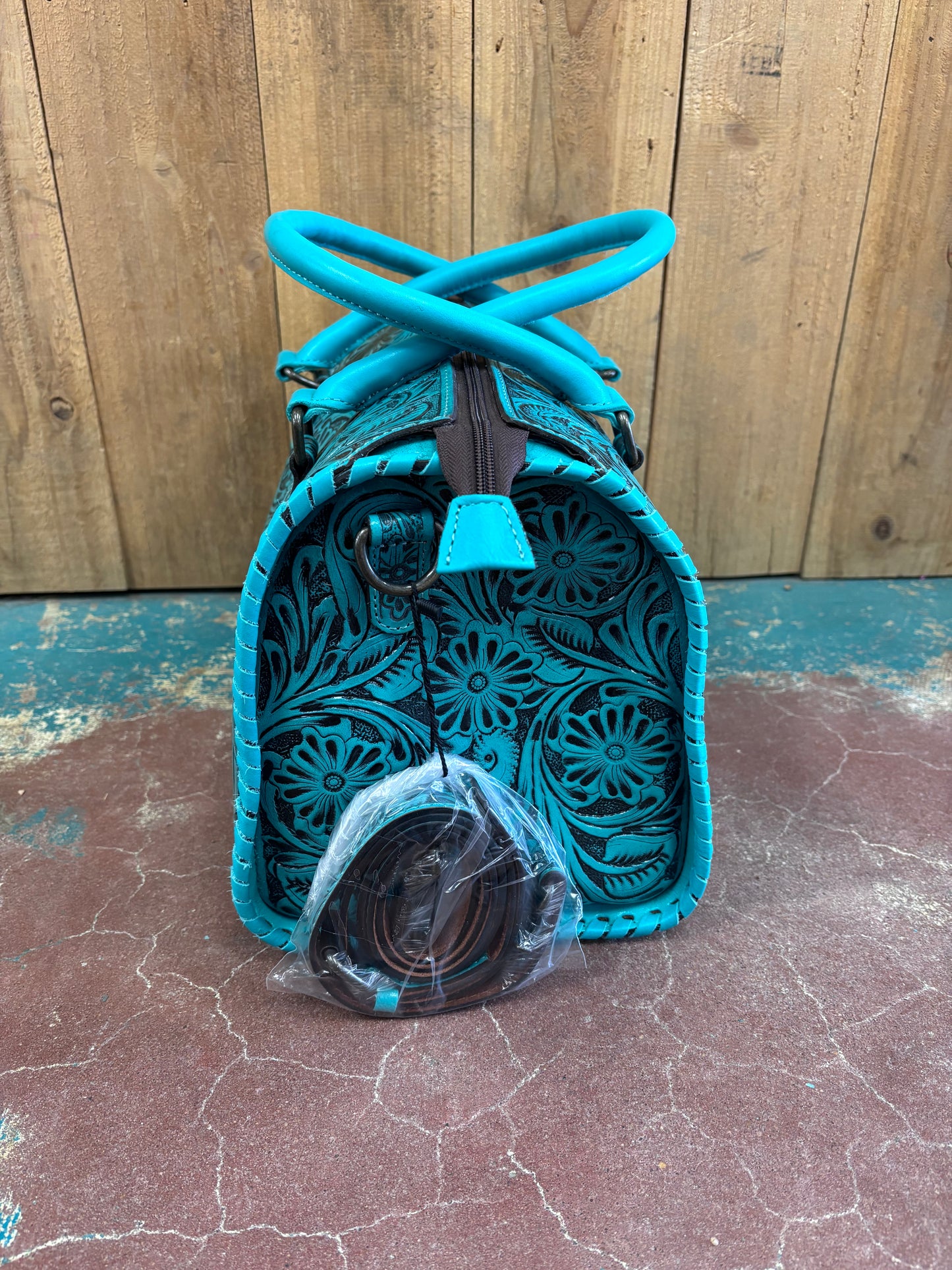 Large Turquoise Flower Tooled Speedy Bag Leather Purse