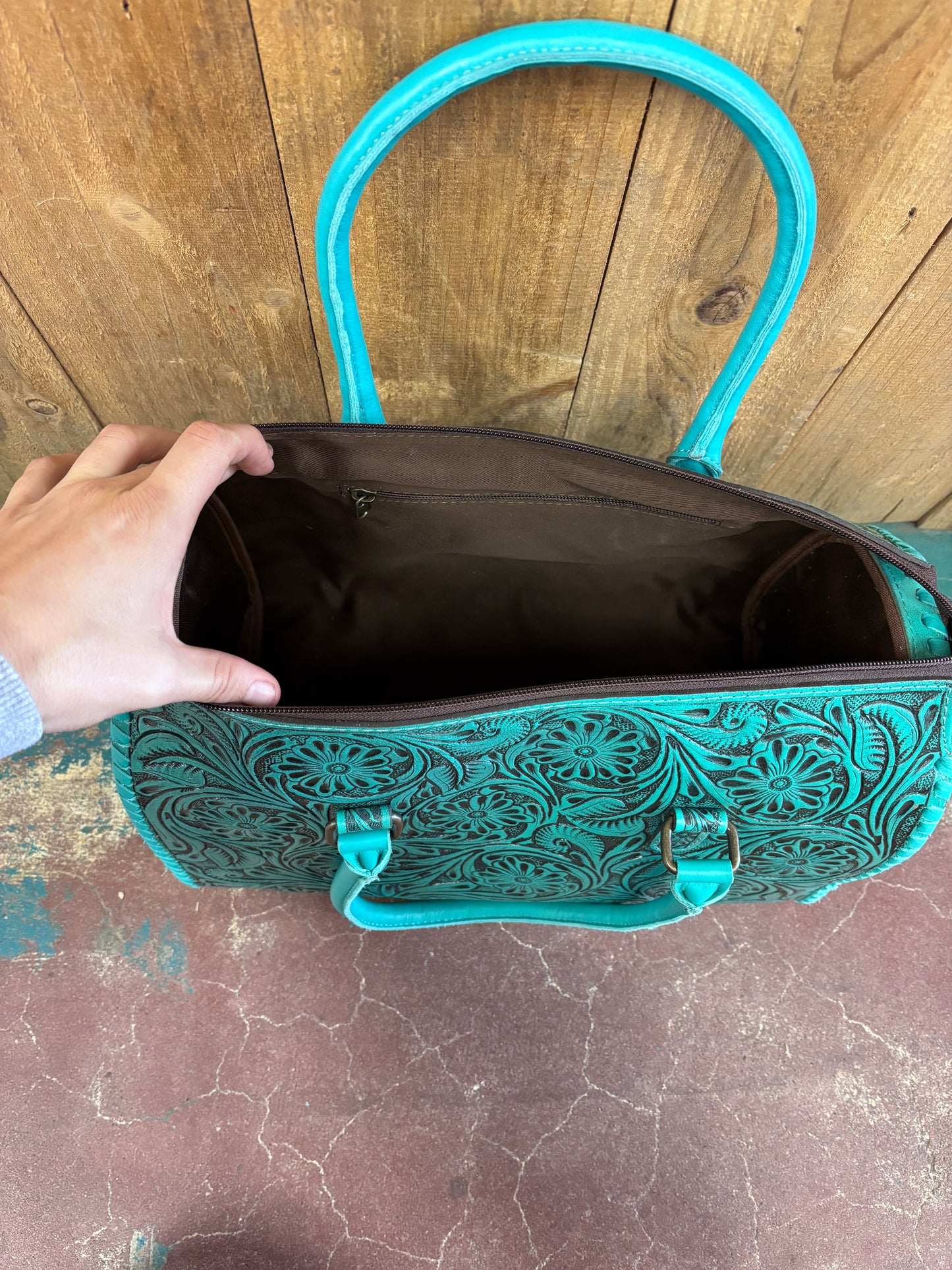 Large Turquoise Flower Tooled Speedy Bag Leather Purse