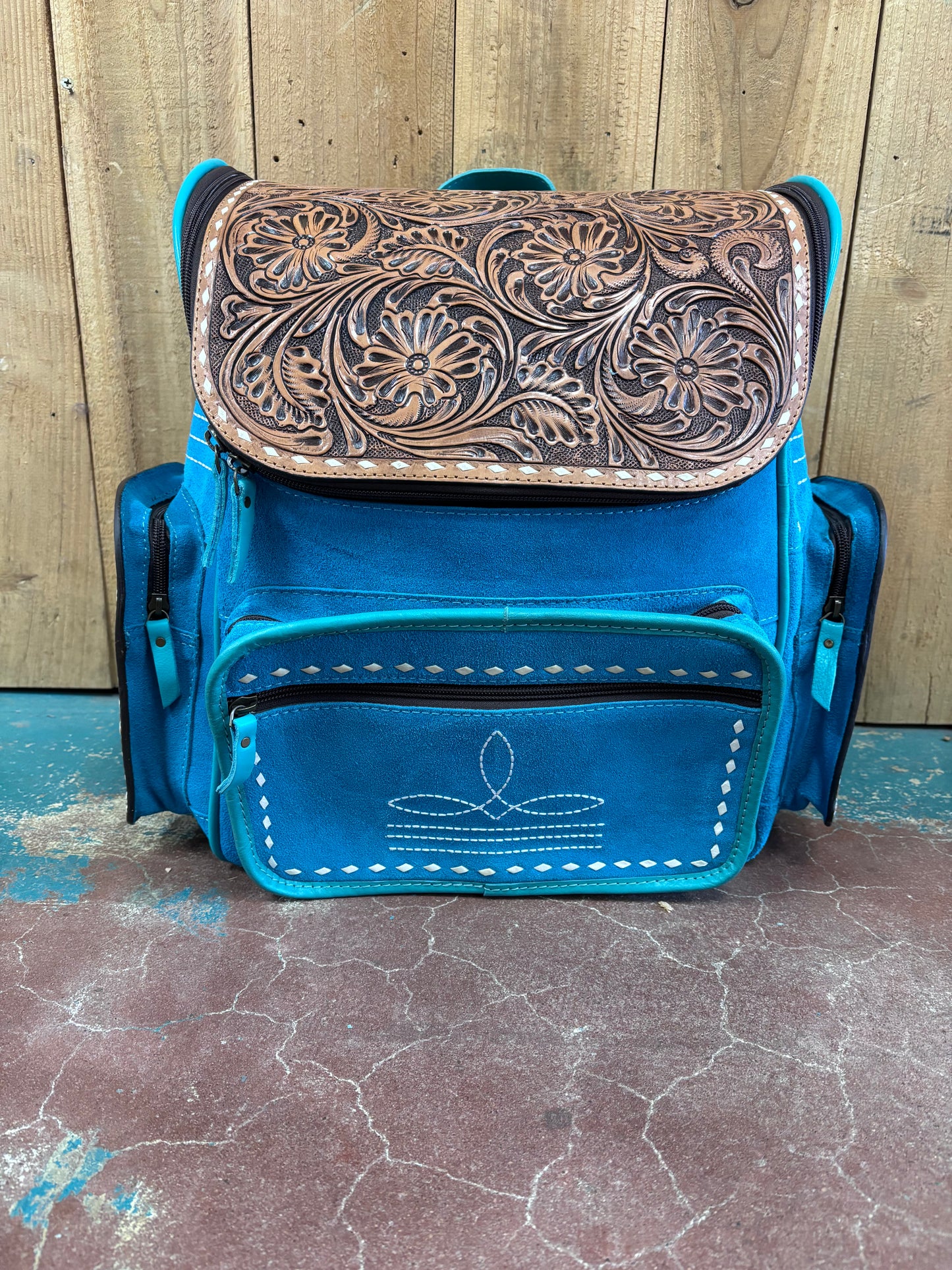 Turquoise Suede Leather Boot Stitch Tooled Backpack