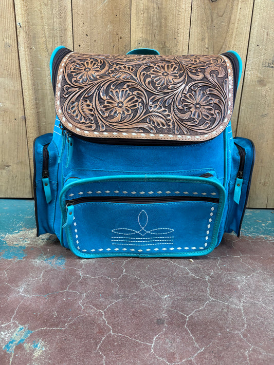 Turquoise Suede Leather Boot Stitch Tooled Backpack