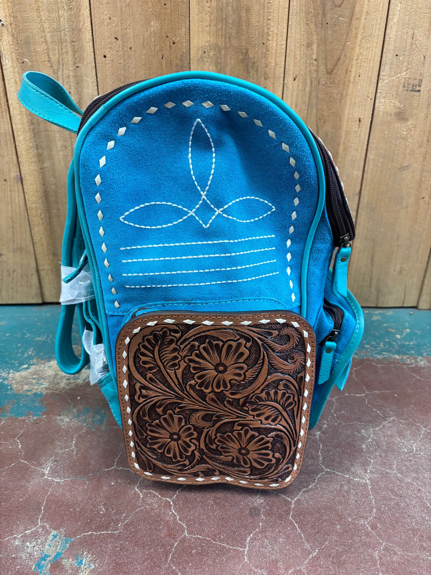 Turquoise Suede Leather Boot Stitch Tooled Backpack