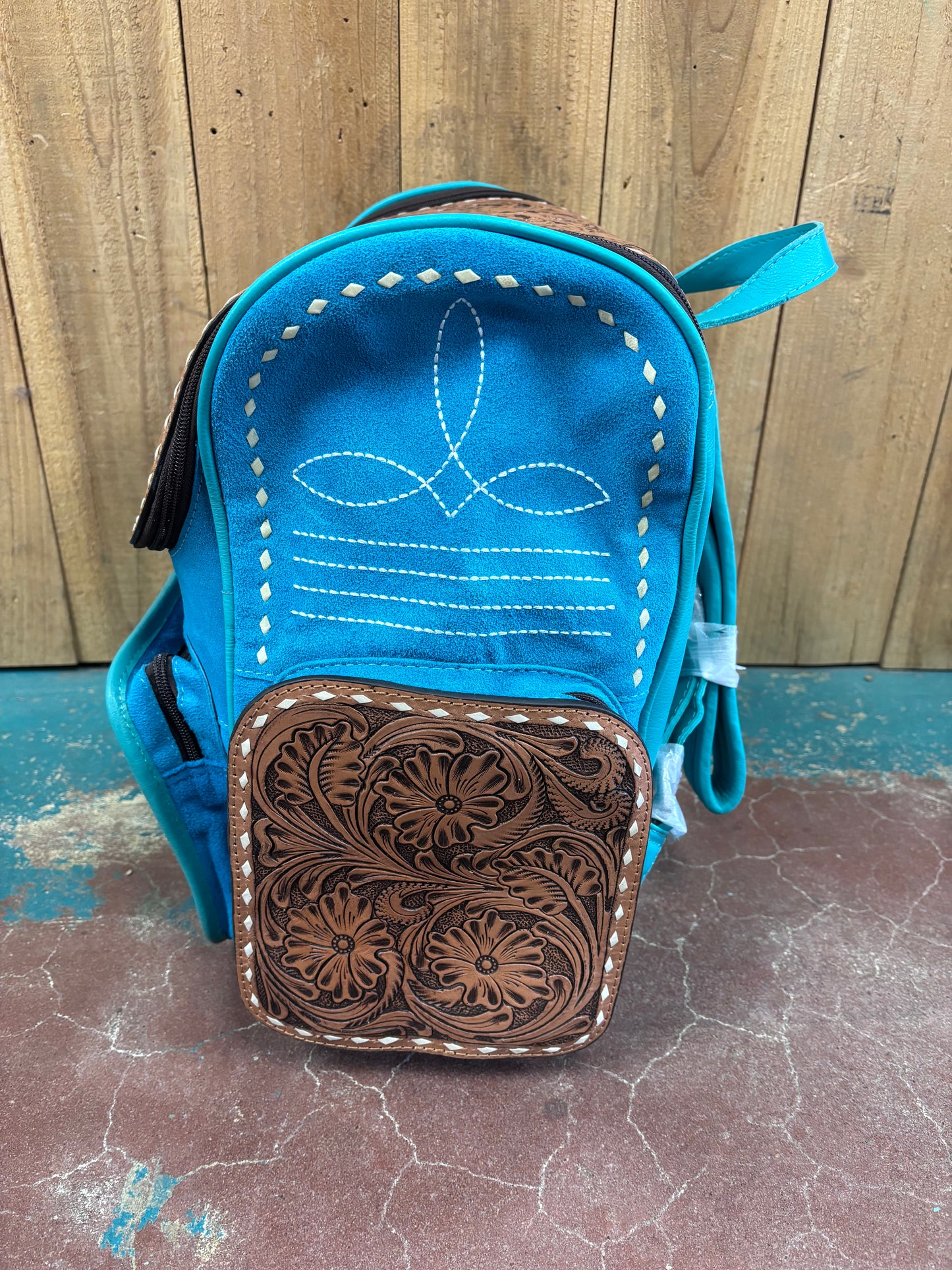 Turquoise Suede Leather Boot Stitch Tooled Backpack