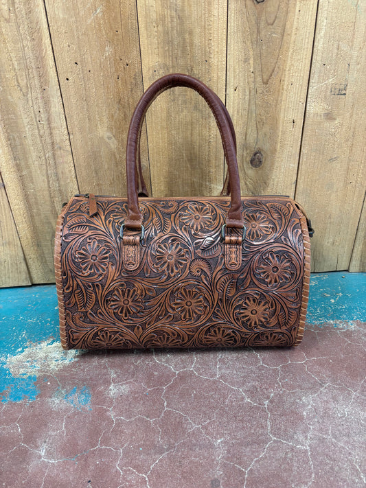 Large Brown Leather Flower Tooled Speedy Bag Purse