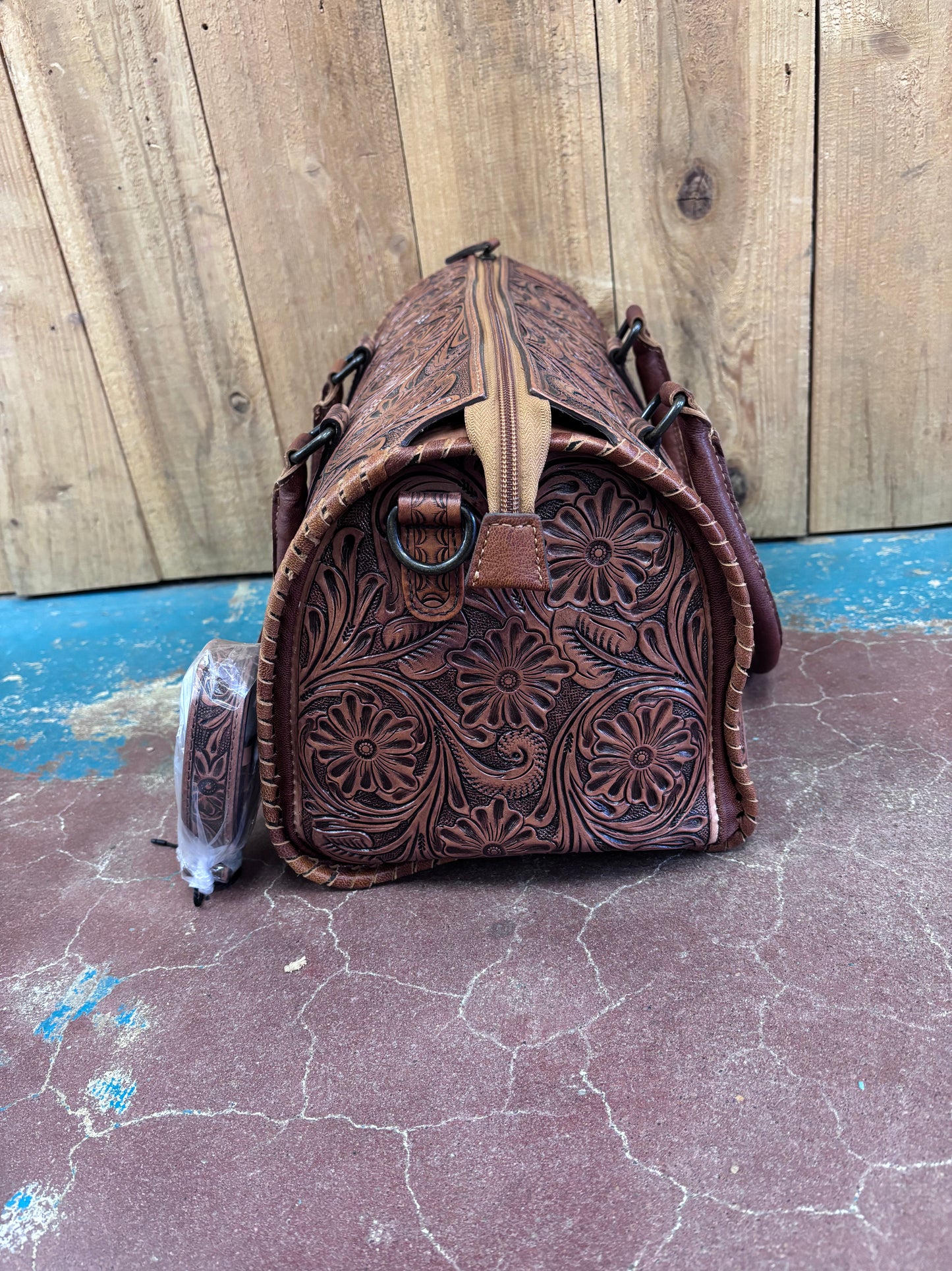 Large Brown Leather Flower Tooled Speedy Bag Purse