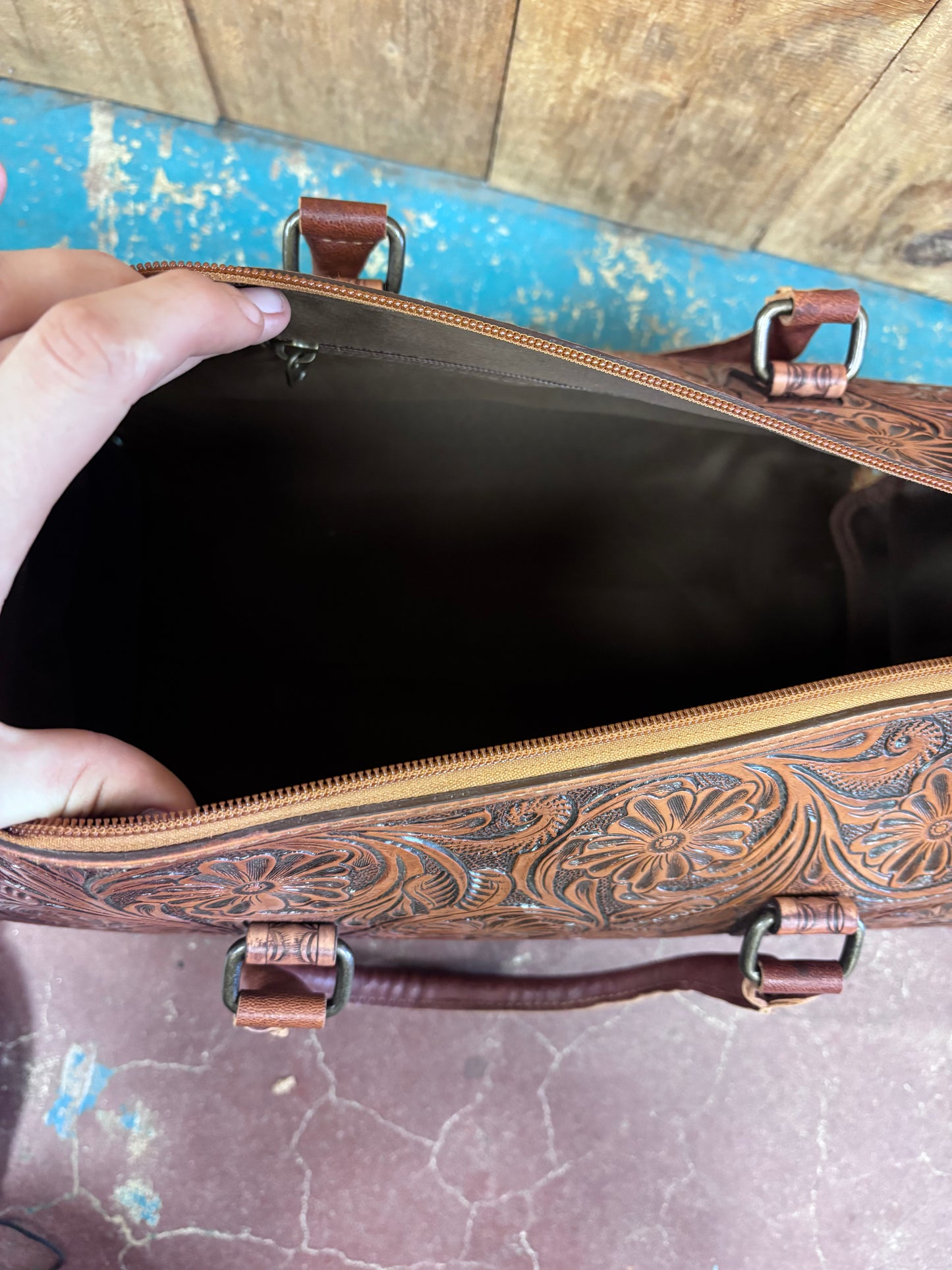 Large Brown Leather Flower Tooled Speedy Bag Purse