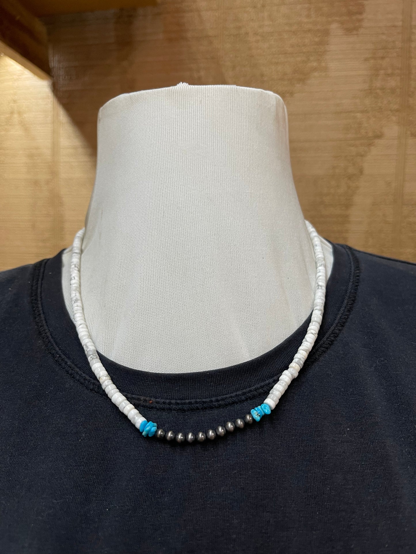 18" Necklace 4mm Howlite Beads 3mm Navajo Pearls with Sleeping Beauty Turquoise Nuggets