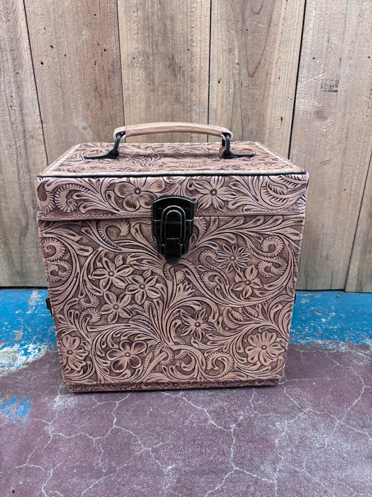 Tan Leather Tooled Train Case Jewelry Box