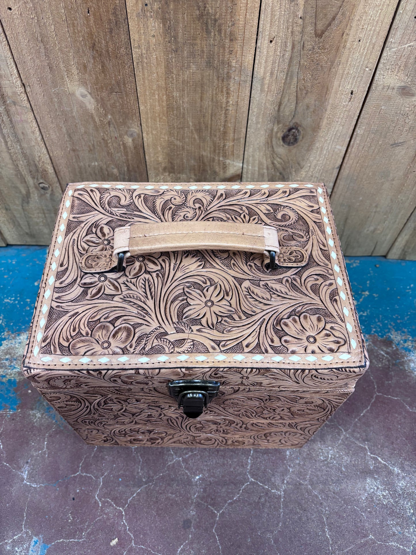 Tan Leather Tooled Train Case Jewelry Box