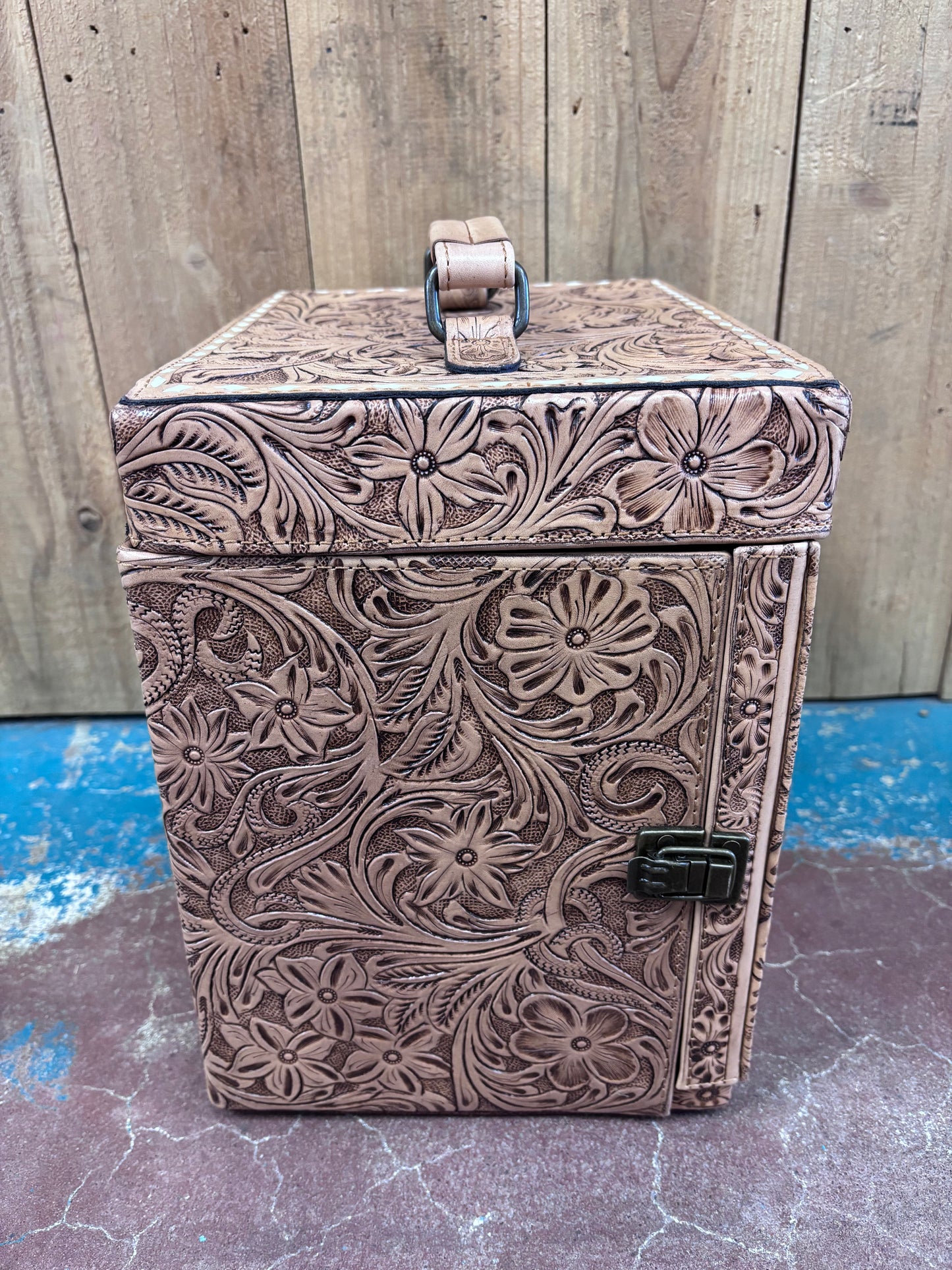 Tan Leather Tooled Train Case Jewelry Box
