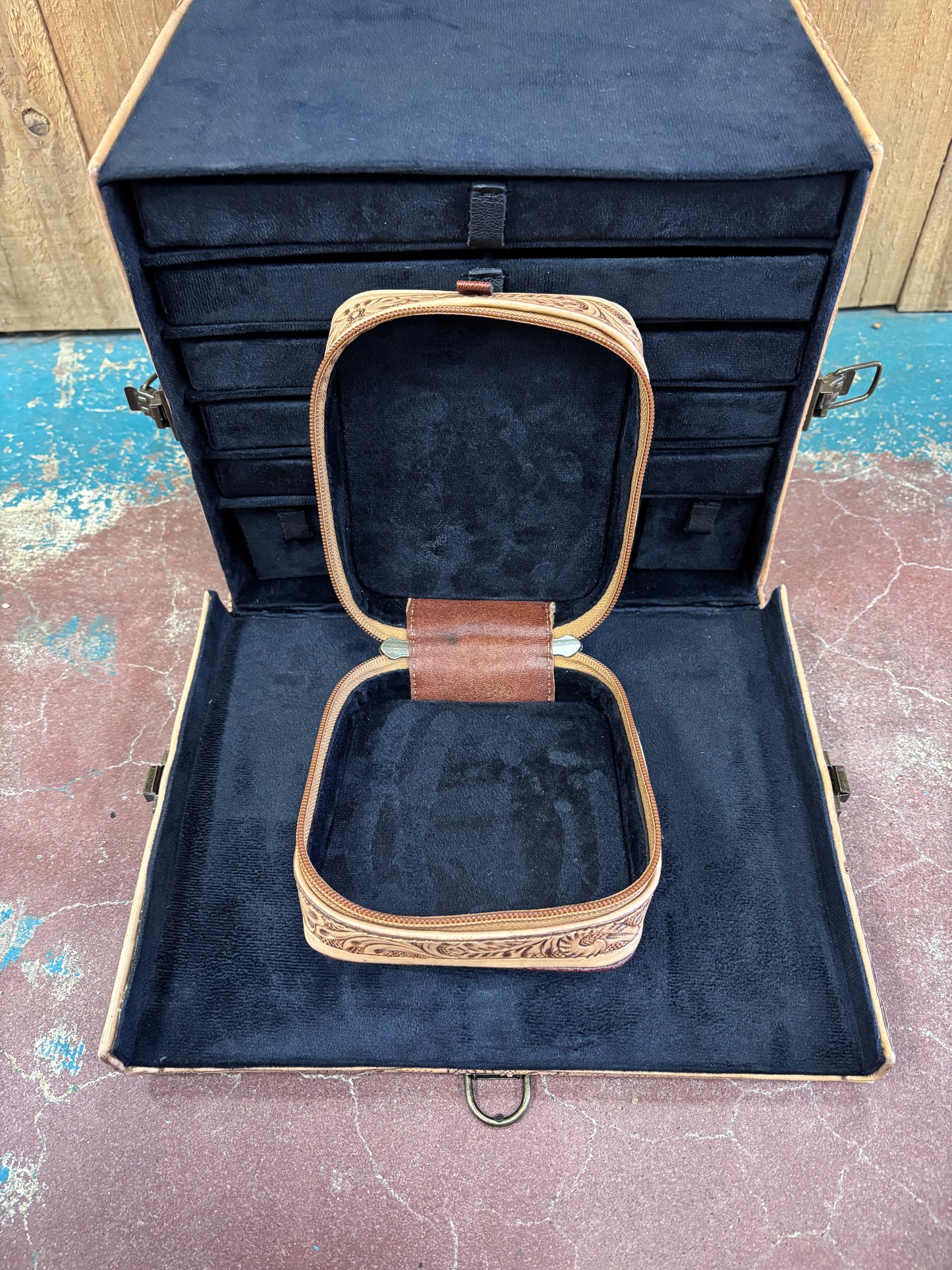 Tan Leather Tooled Train Case Jewelry Box