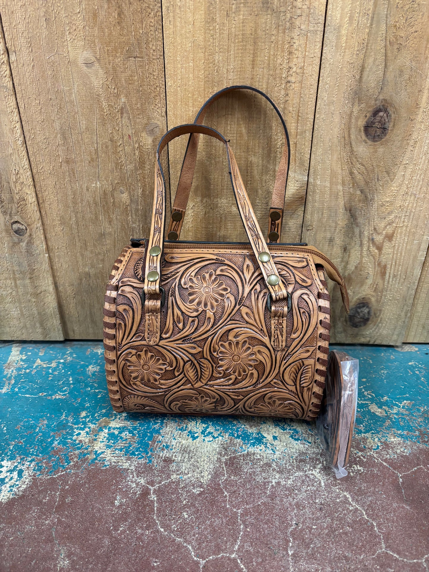 Mini Tan Flower Tooled Leather Crossbody Speedy Bag Purse