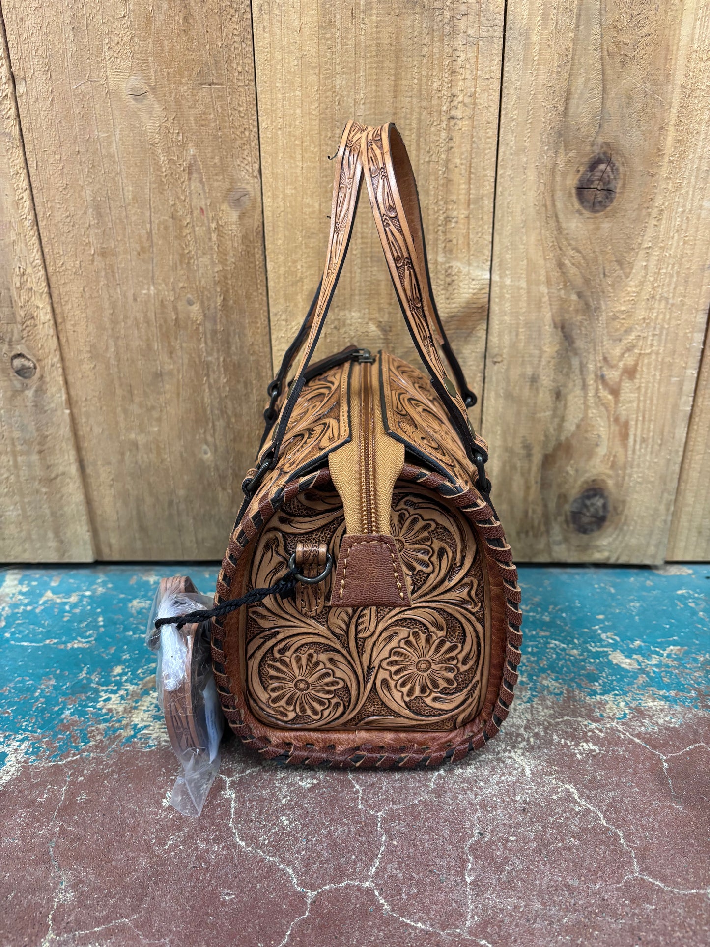 Mini Tan Flower Tooled Leather Crossbody Speedy Bag Purse