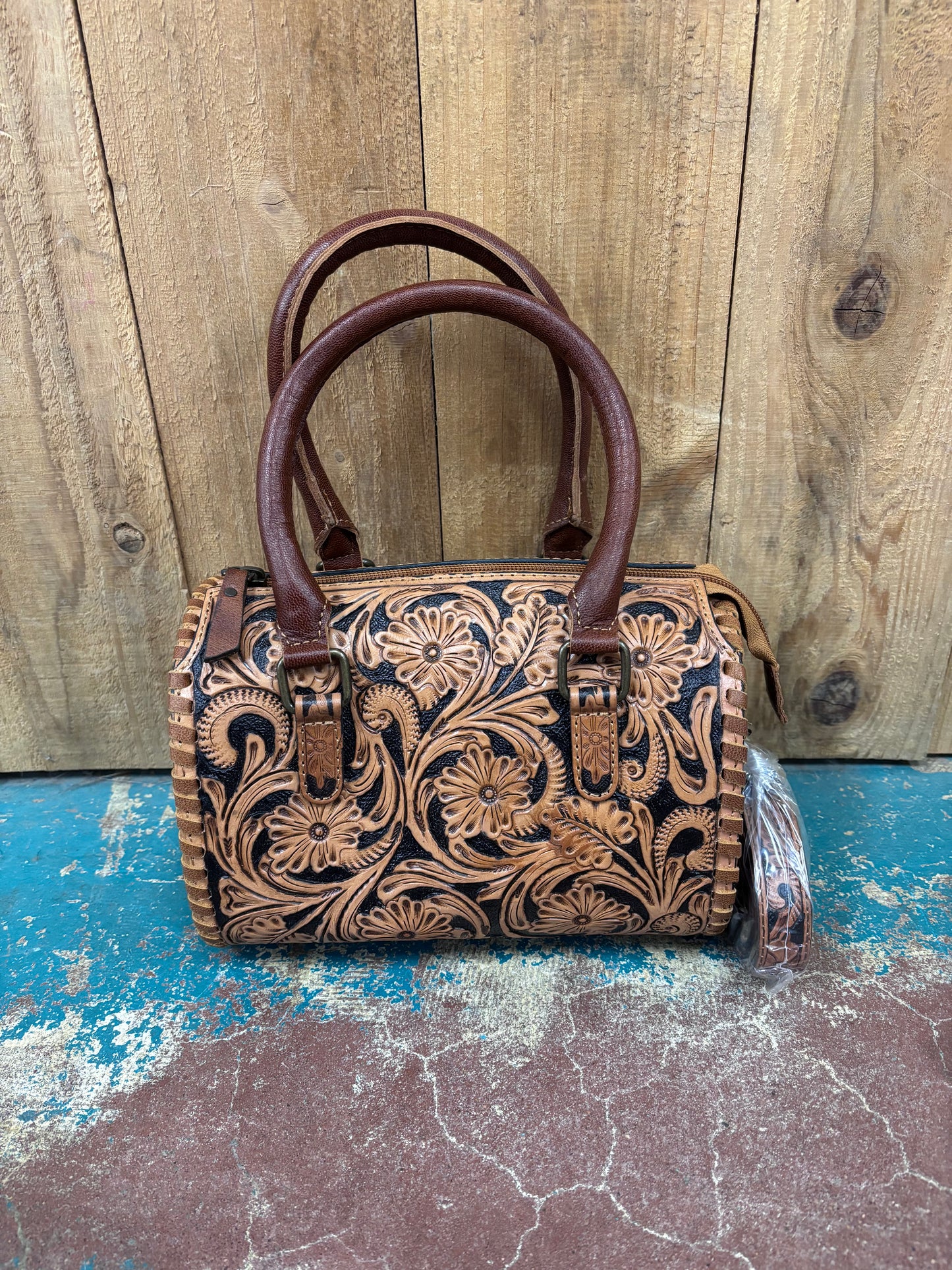 Small Tan and Black Flower Tooled Leather Crossbody Speedy Bag Purse