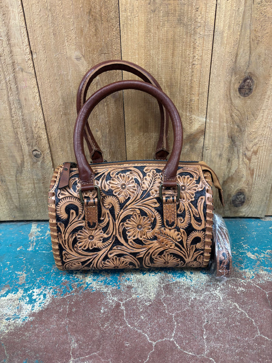 Small Tan and Black Flower Tooled Leather Crossbody Speedy Bag Purse