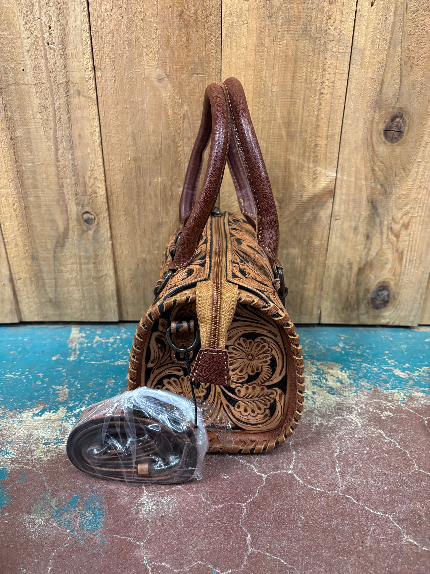 Small Tan and Black Flower Tooled Leather Crossbody Speedy Bag Purse