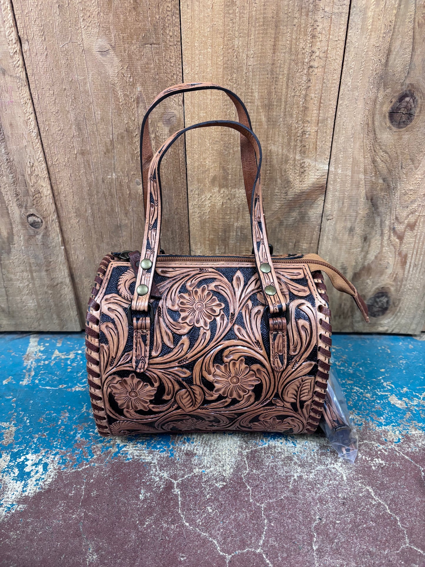 Mini Tan And Black Flower Tooled Leather Crossbody Purse