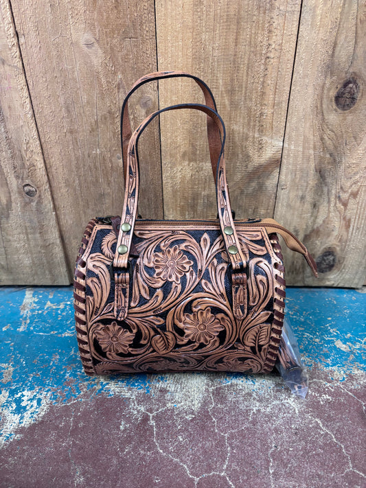 Mini Tan And Black Flower Tooled Leather Crossbody Purse