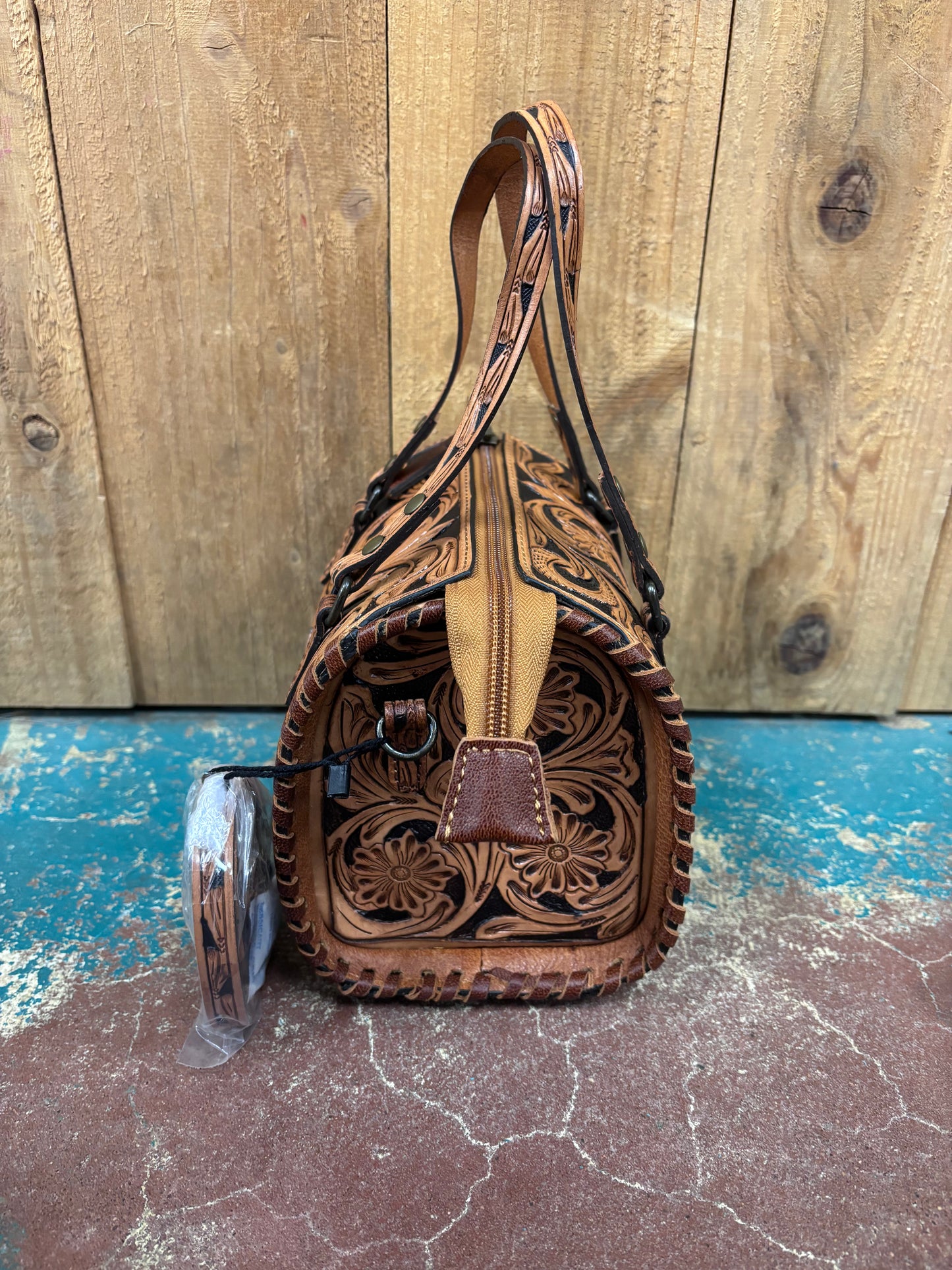 Mini Tan And Black Flower Tooled Leather Crossbody Purse