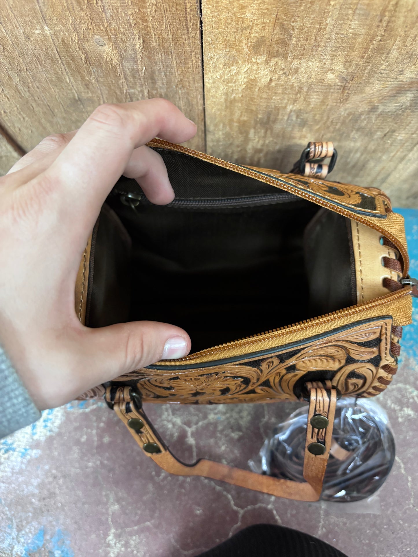 Mini Tan And Black Flower Tooled Leather Crossbody Purse