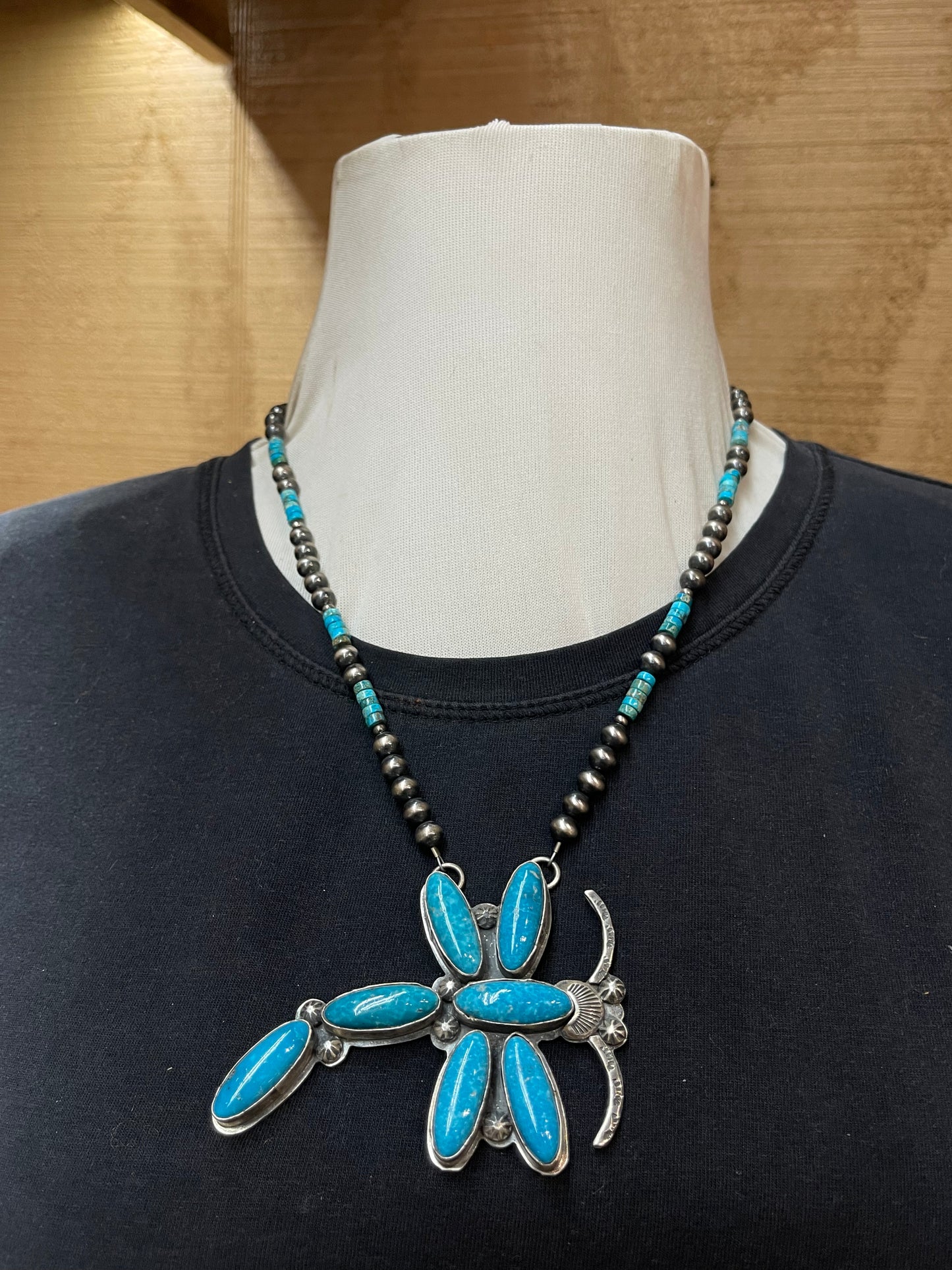 20" Turquoise Heishi Beads and 6mm Navajo Pearls with Dragonfly Pendant