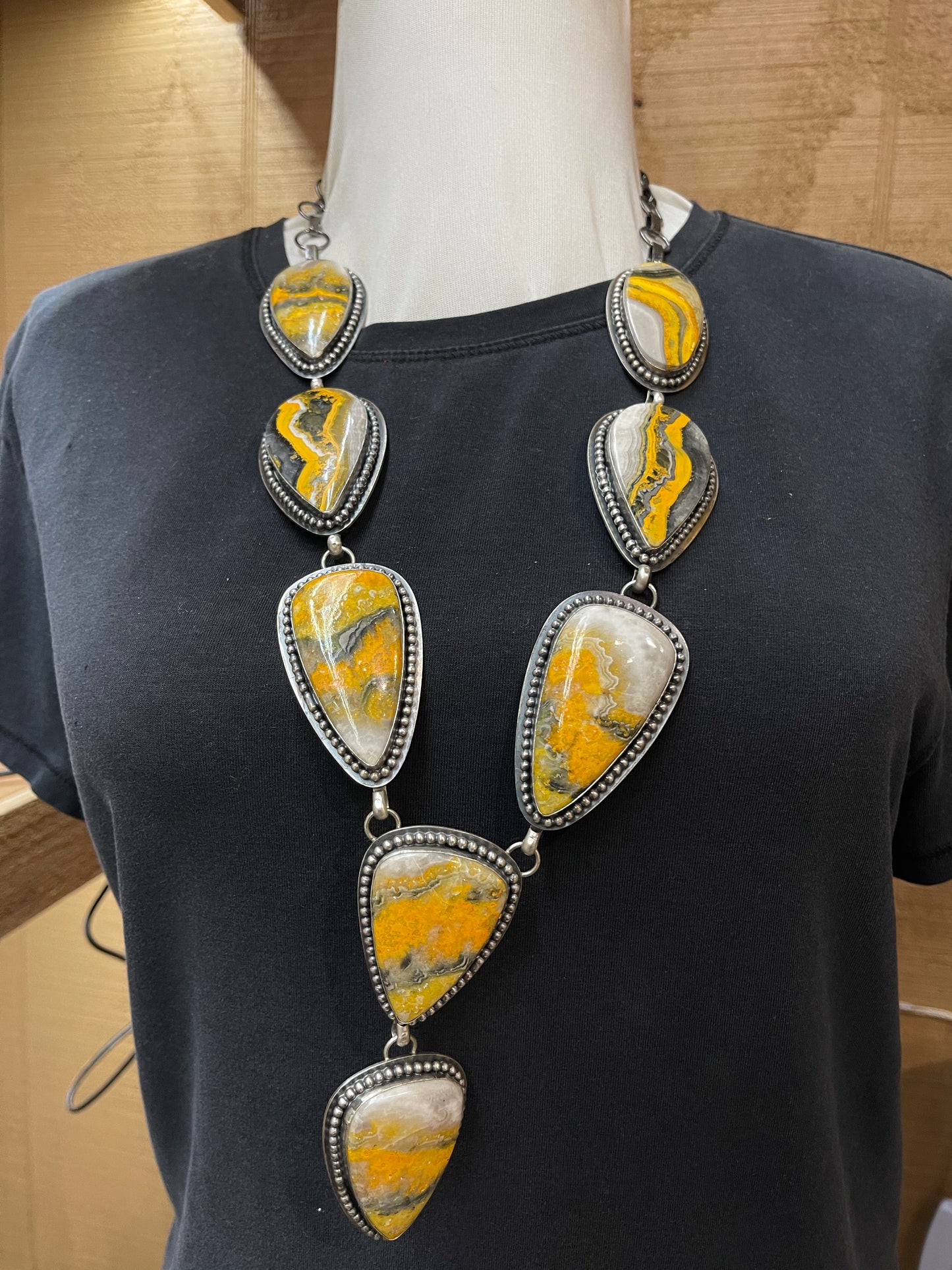 28" + 4 1/2" Bumblebee Jasper Lariat by Calvin Delgarito, Navajo
