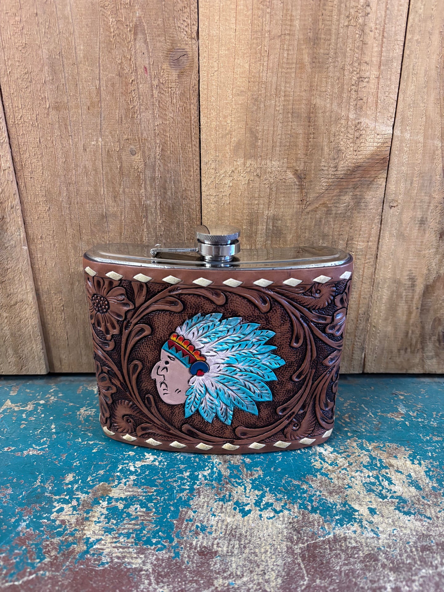 Large Buck Stitched Flower Tooled Indian Flask