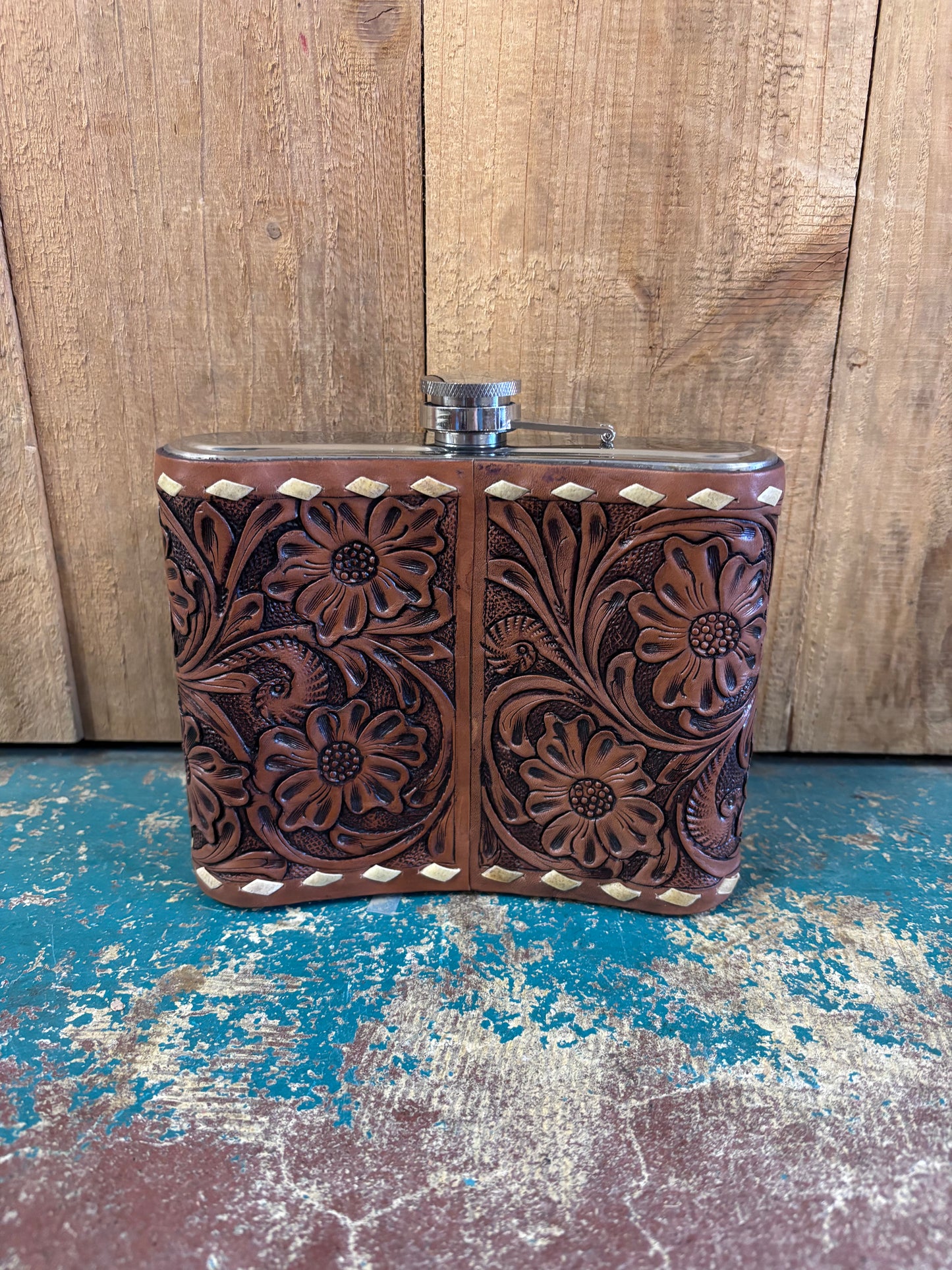 Large Buck Stitched Flower Tooled Indian Flask