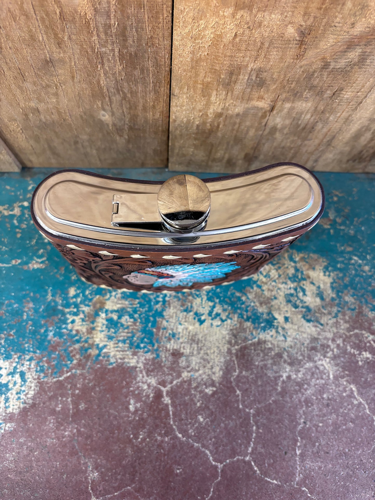 Large Buck Stitched Flower Tooled Indian Flask