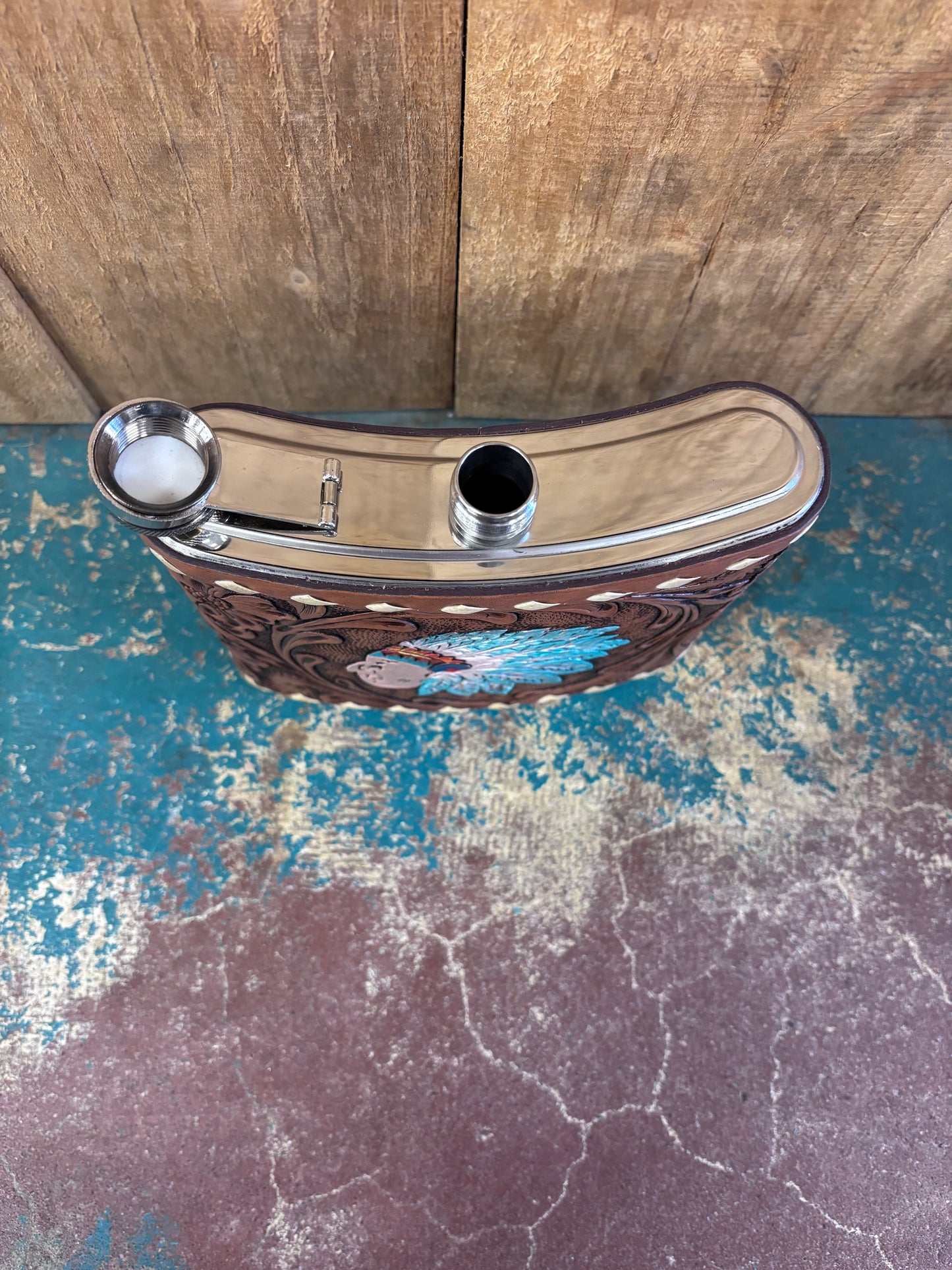 Large Buck Stitched Flower Tooled Indian Flask