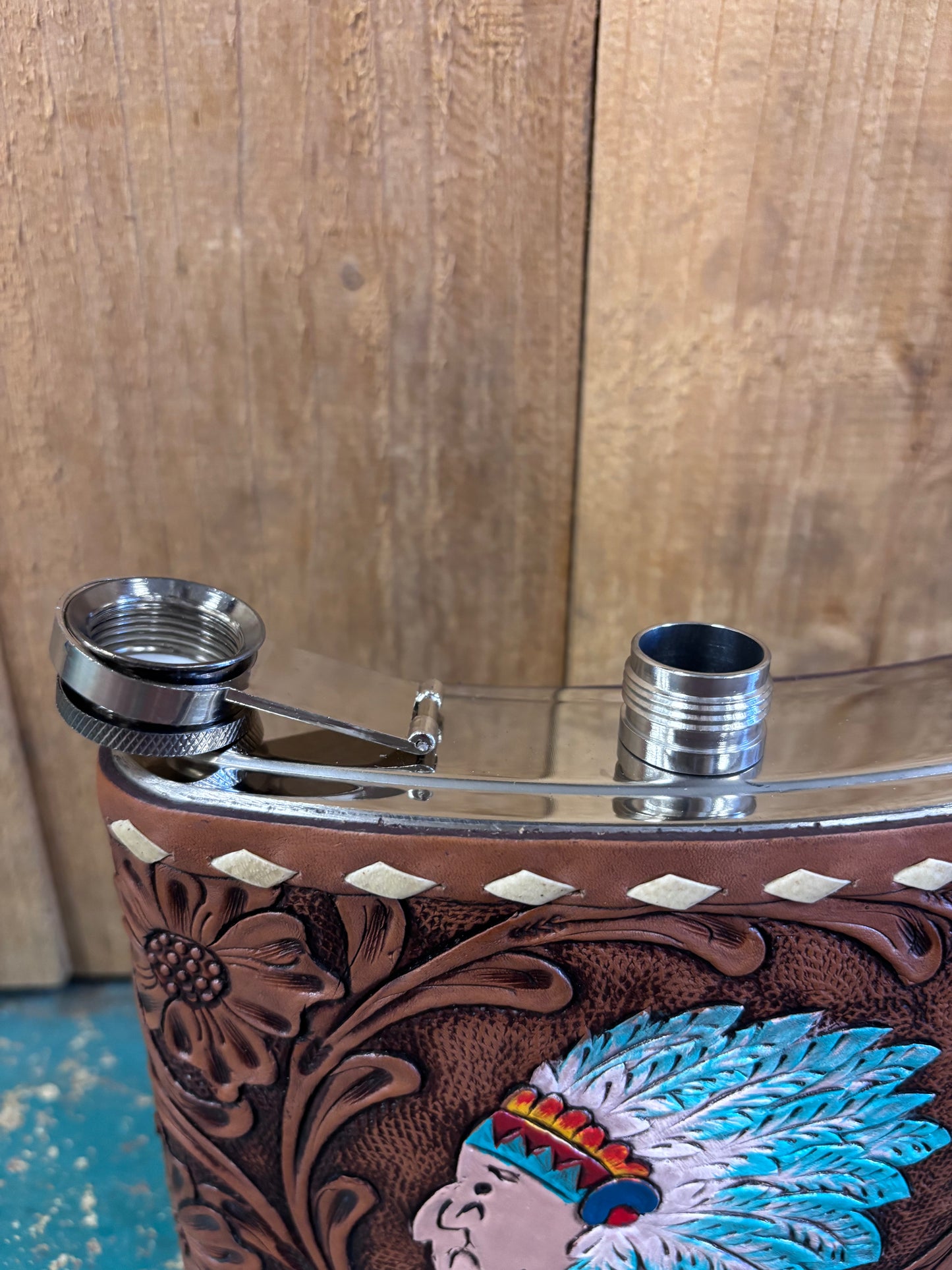 Large Buck Stitched Flower Tooled Indian Flask