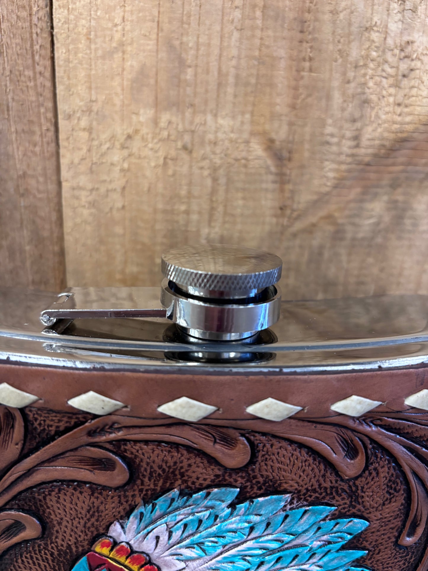 Large Buck Stitched Flower Tooled Indian Flask