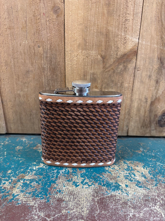 Medium Buck Stitched Basketweave Tooled Flask