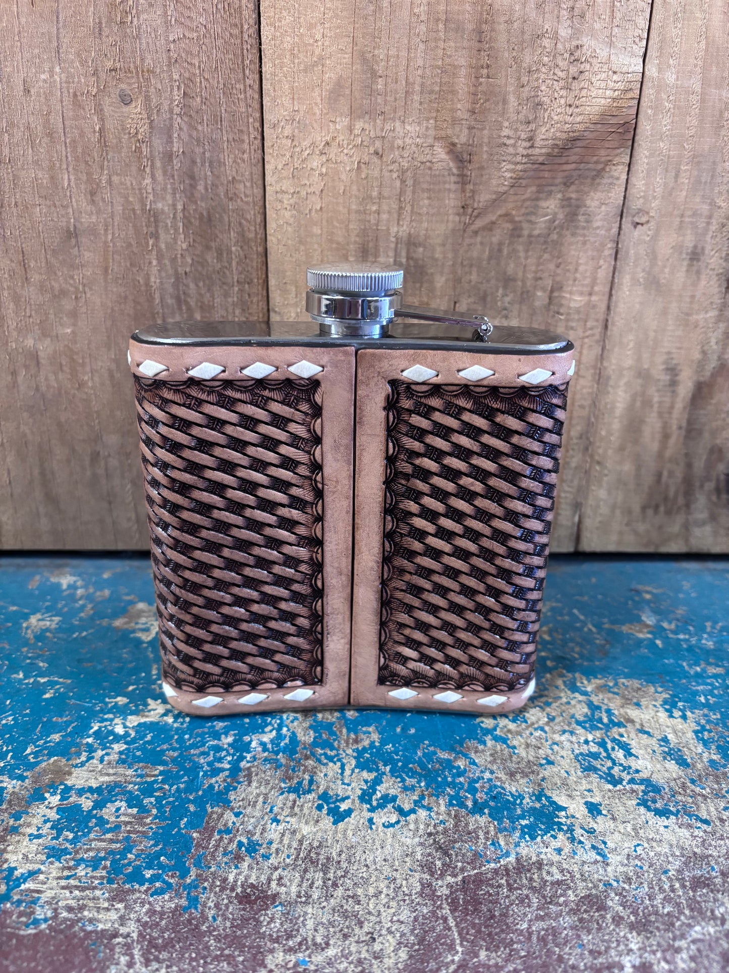 Medium Buck Stitched Basketweave Tooled Flask