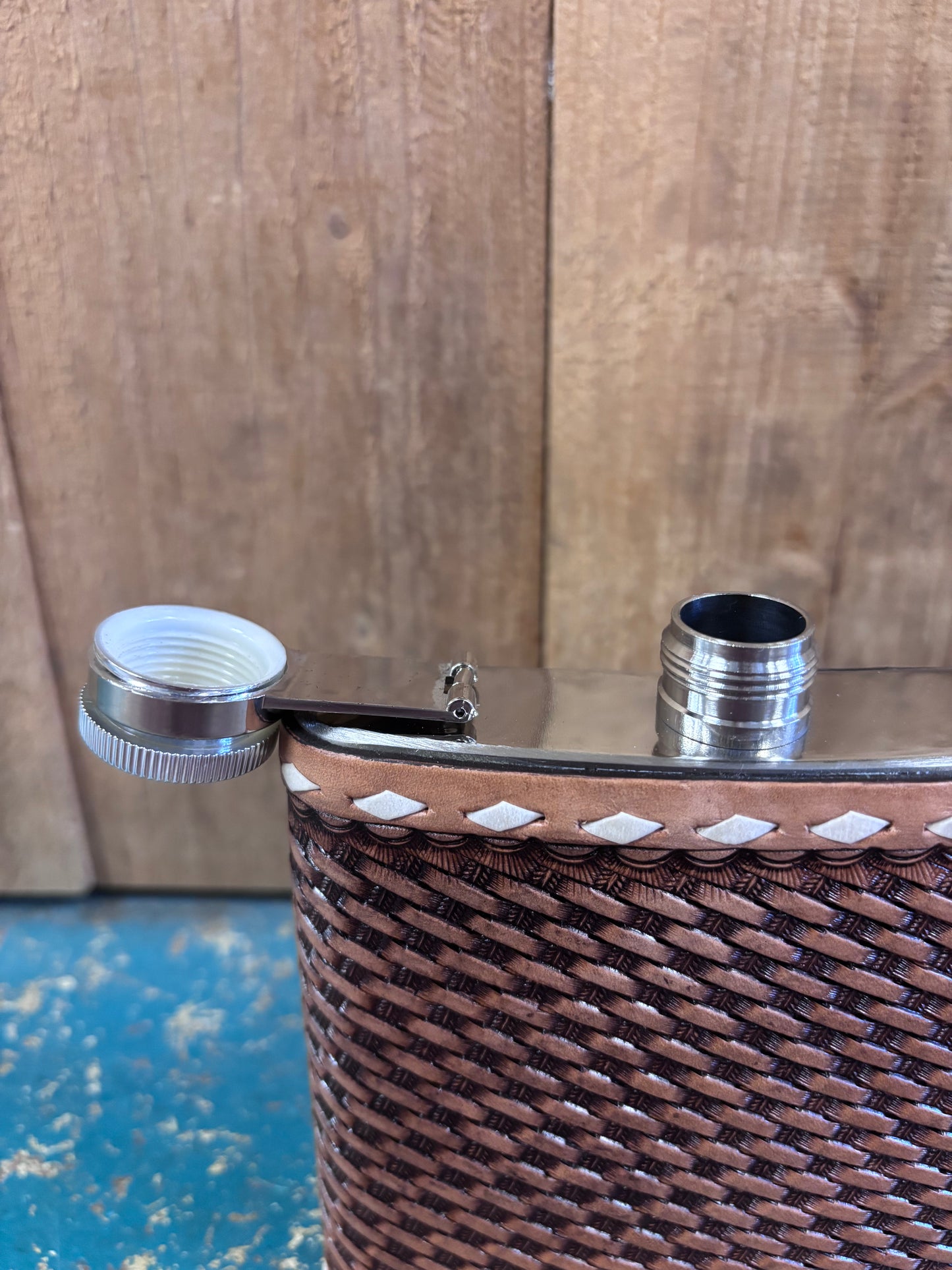 Medium Buck Stitched Basketweave Tooled Flask