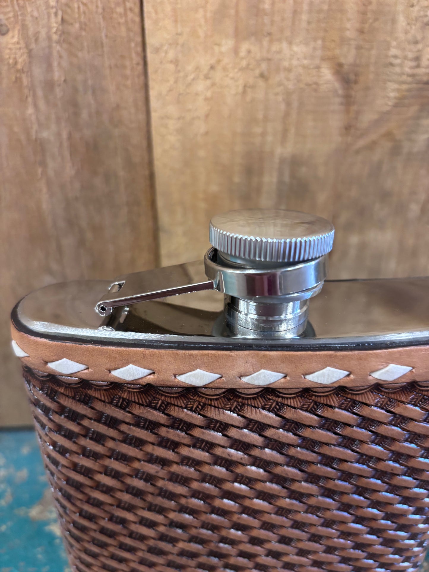 Medium Buck Stitched Basketweave Tooled Flask
