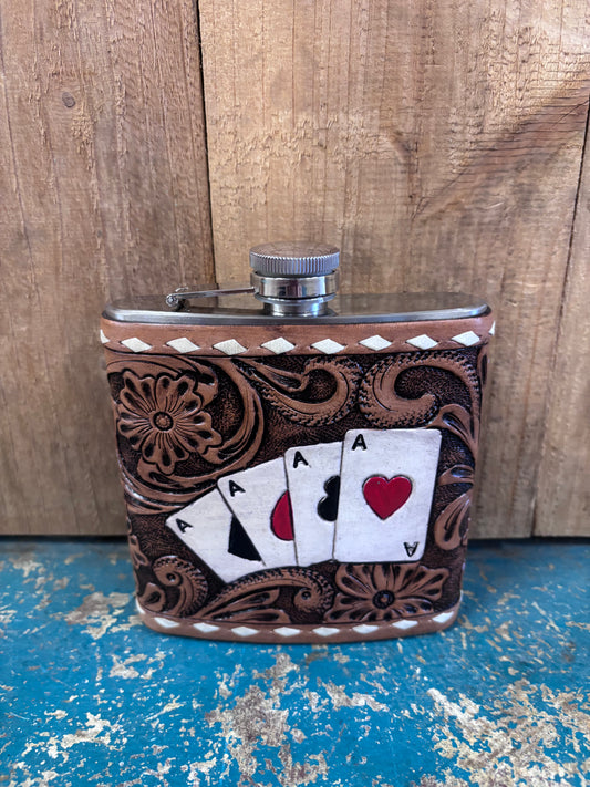 Medium Buck Stitched Flower Tooled Card Flask