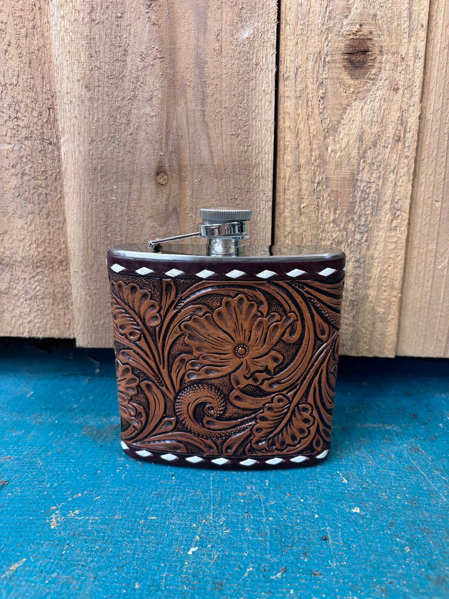 Medium Buck Stitched Flower Tooled Flask